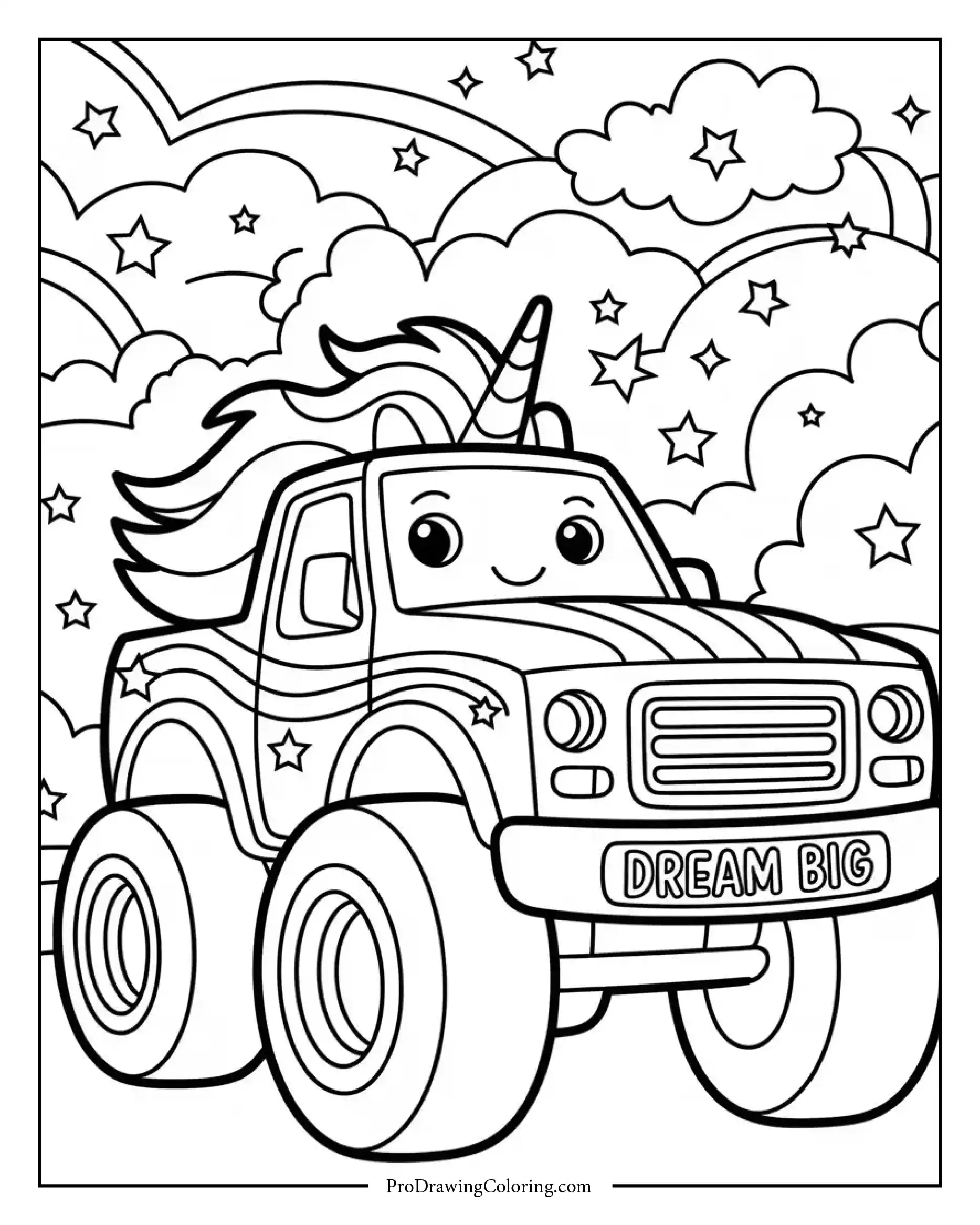 Unicorn monster truck with rainbow colors and magical background, easy kids coloring page