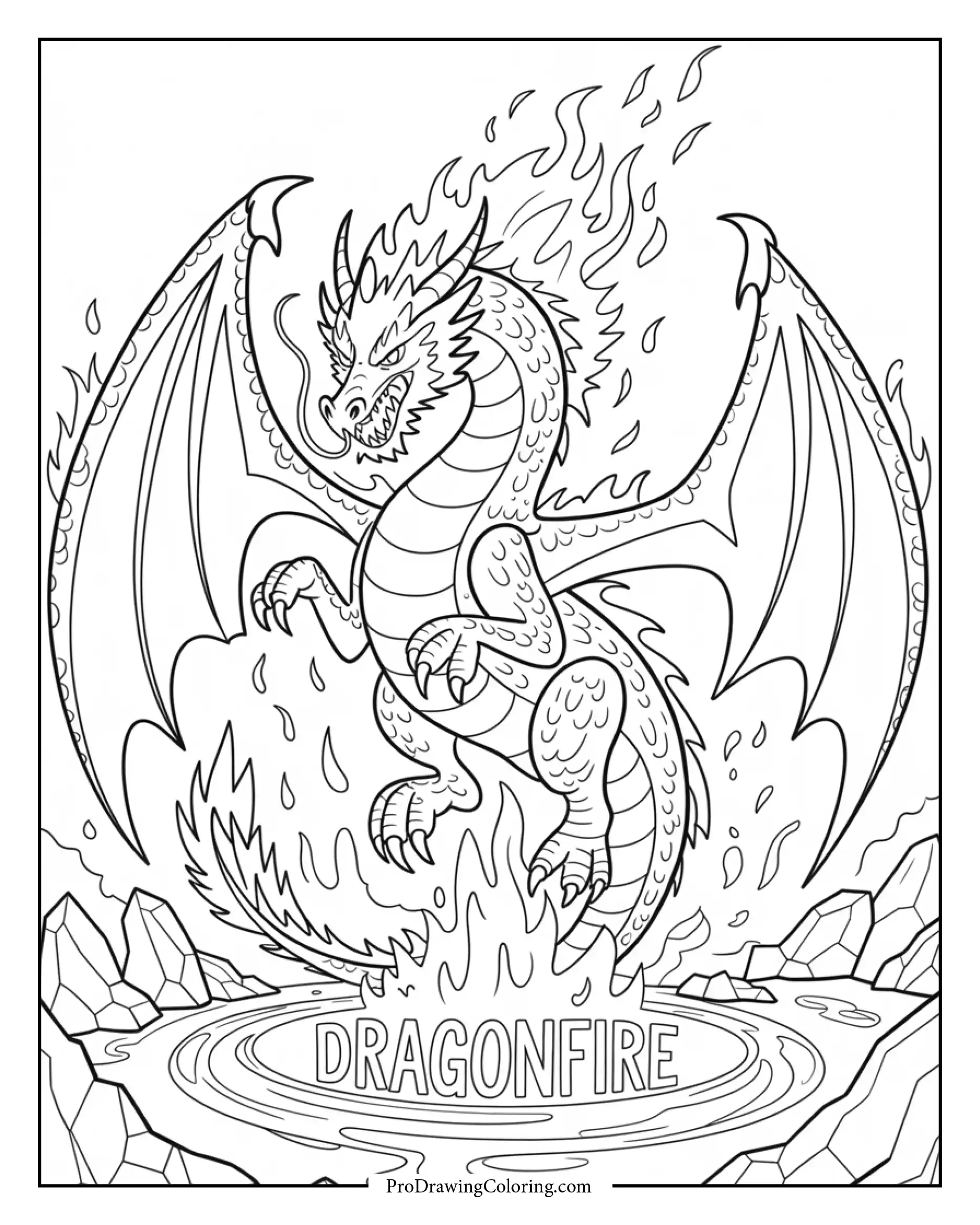 mythical fire dragon coloring page Printable coloring page of a mythical fire dragon rising from lava, detailed for adult fantasy fans