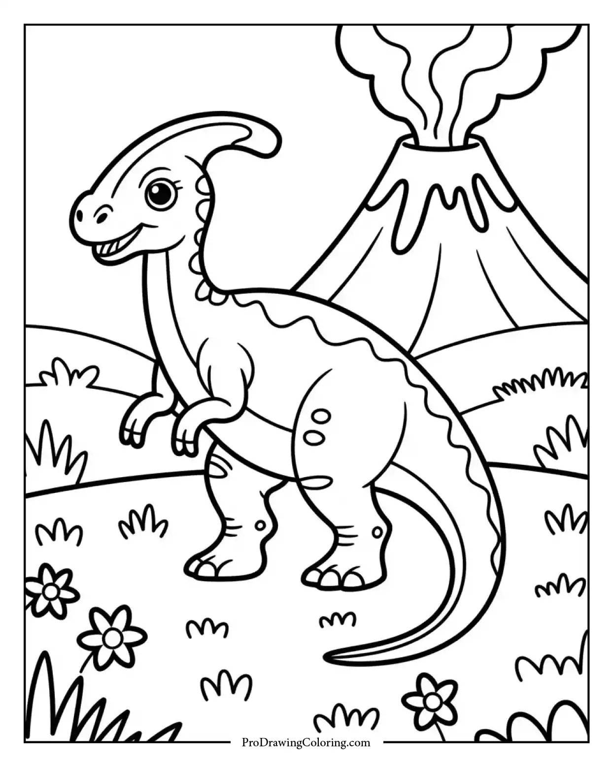 parasaurolophus volcano hill coloring page Printable parasaurolophus dinosaur coloring page with grassy hills and volcano background, designed for young children.
