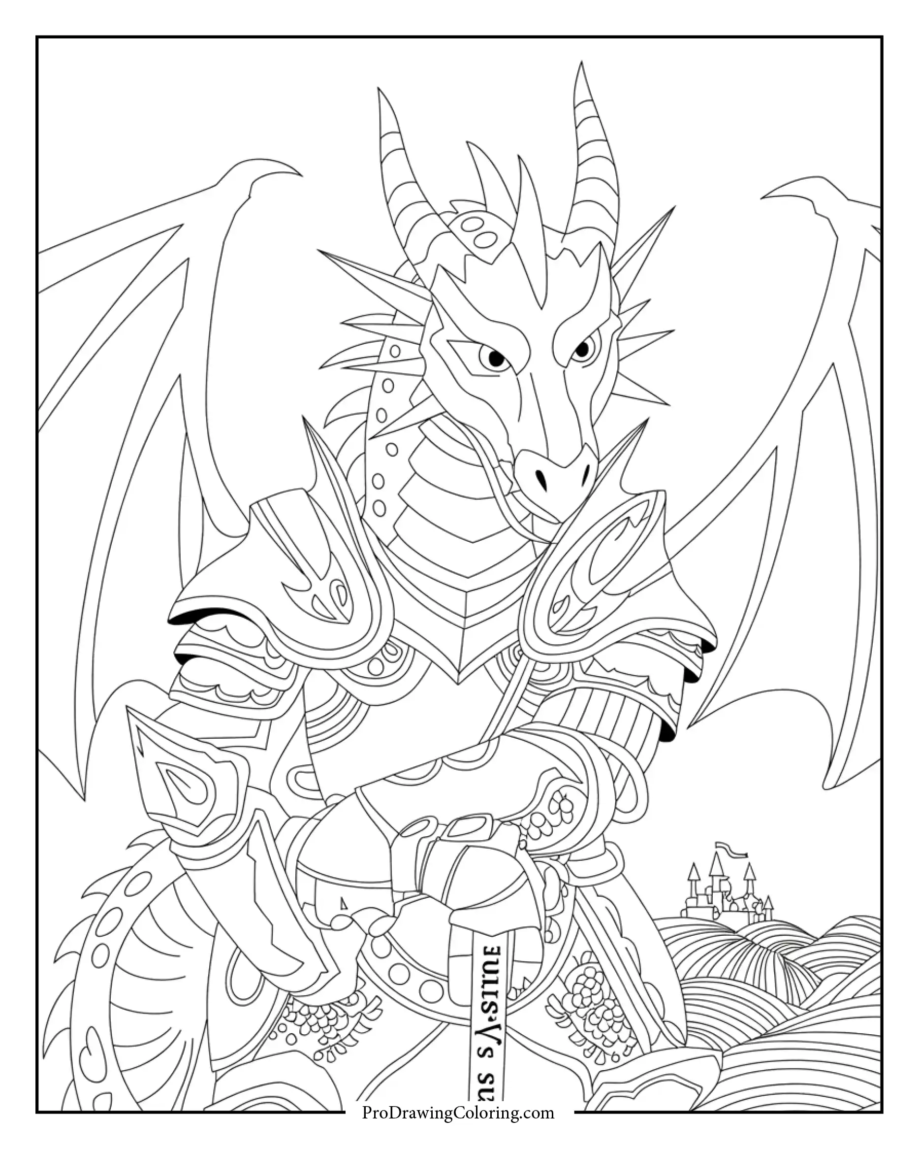 printable dragon warrior coloring sheet Adult coloring sheet of a powerful dragon in battle armor, ready to defend a fantasy realm