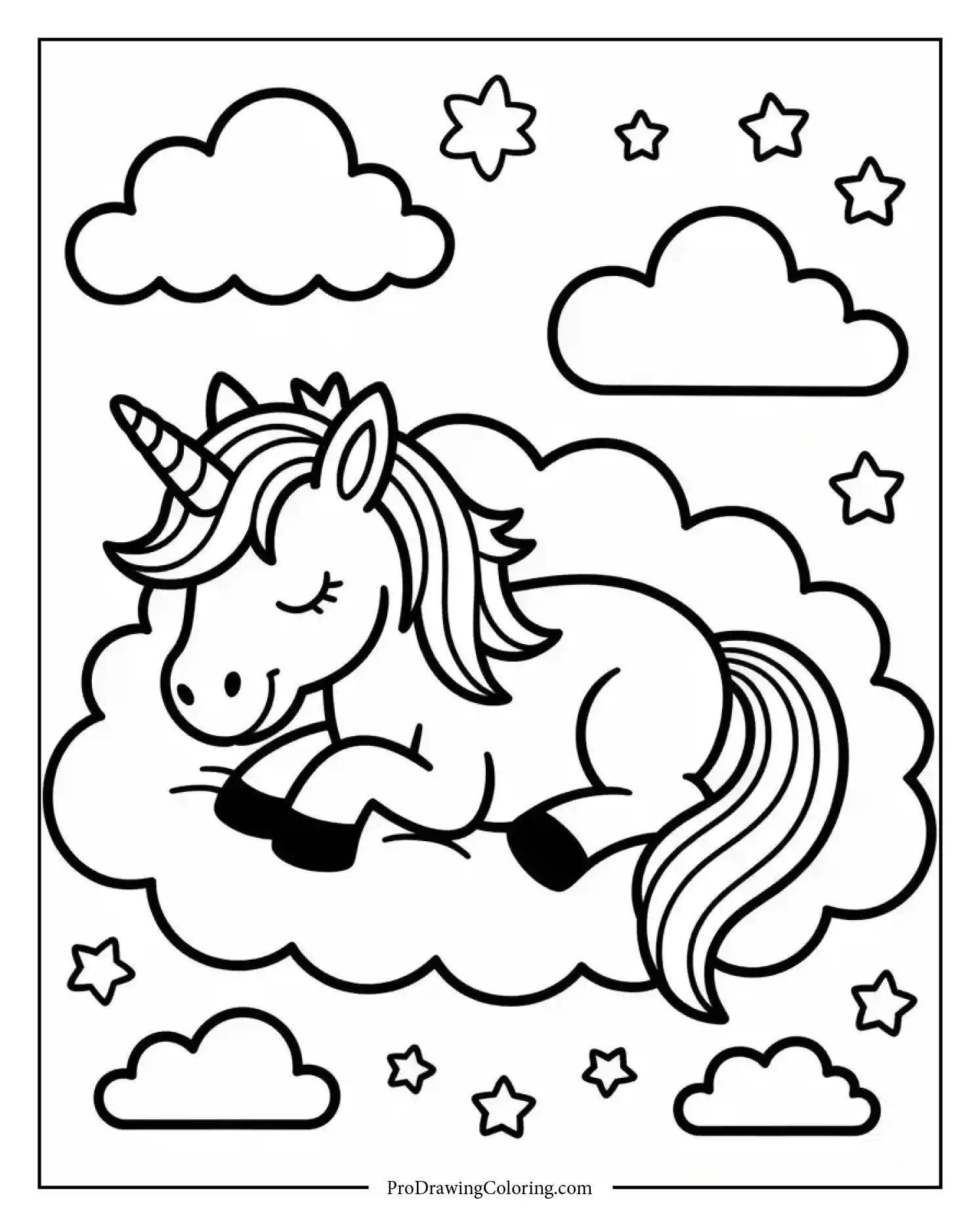 sleeping unicorn coloring page printable Peaceful unicorn coloring page printable featuring a unicorn sleeping on clouds