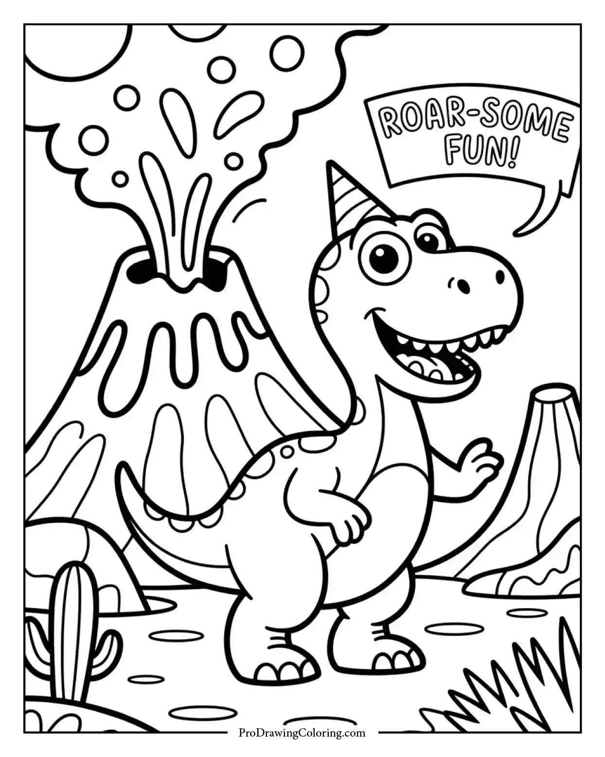 smiling dinosaur volcano hill coloring page Cute dinosaur coloring sheet with a volcano and lava landscape, designed for kids to enjoy coloring time.