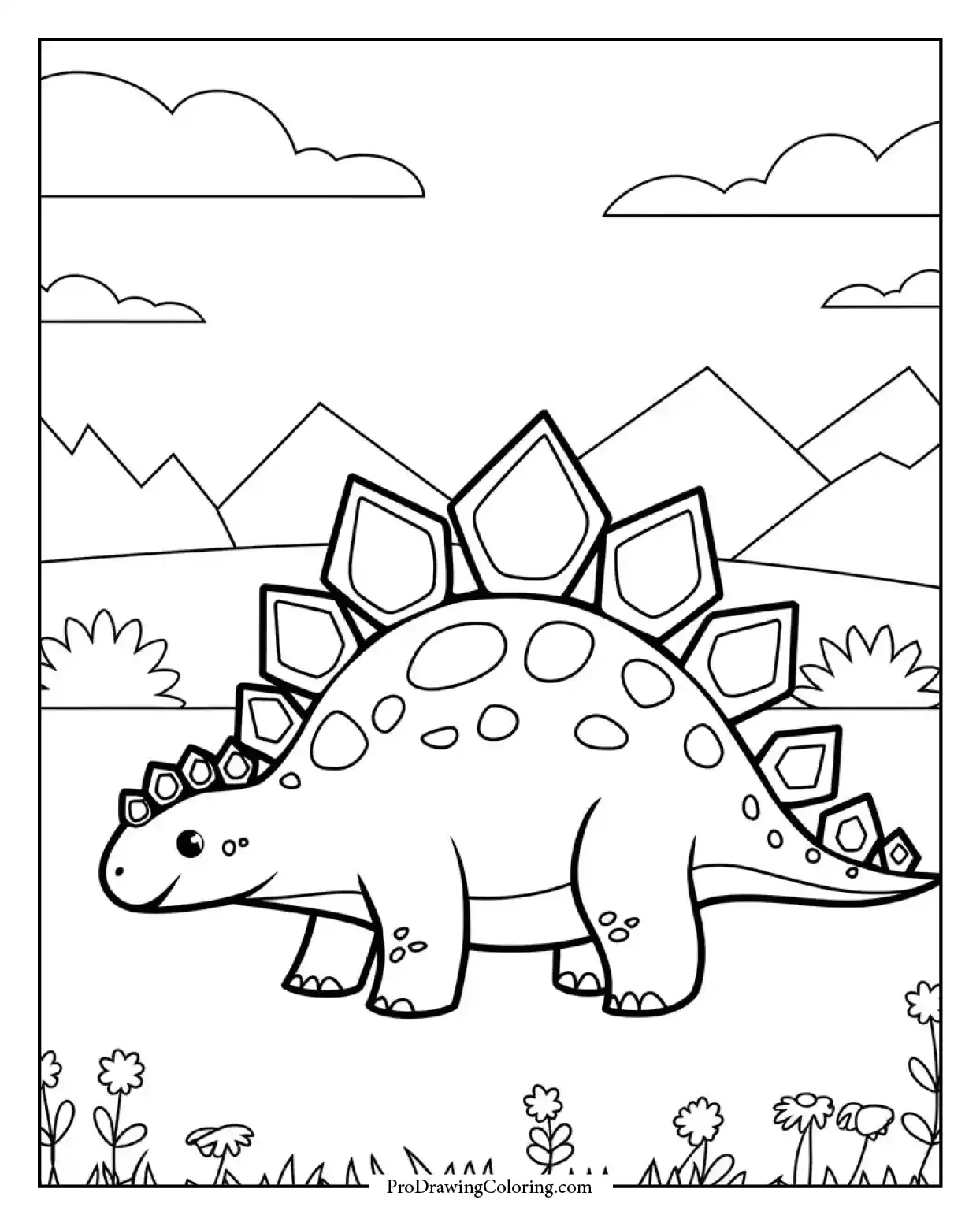 smiling stegosaurus coloring page Cute stegosaurus coloring page with a simple prehistoric background, ideal for kids' coloring activities.