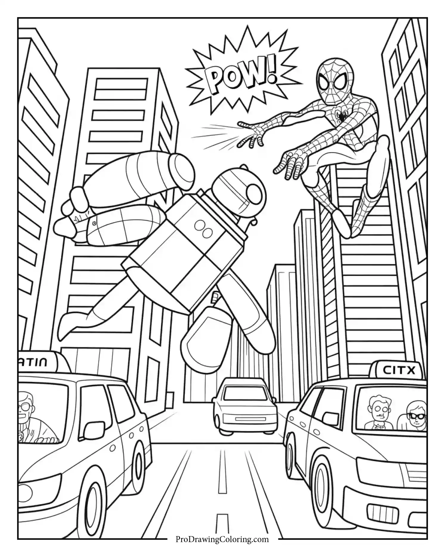 spiderman battling robot printable coloring page Fighting a giant robot amid busy downtown chaos illustrated in a printable coloring page.