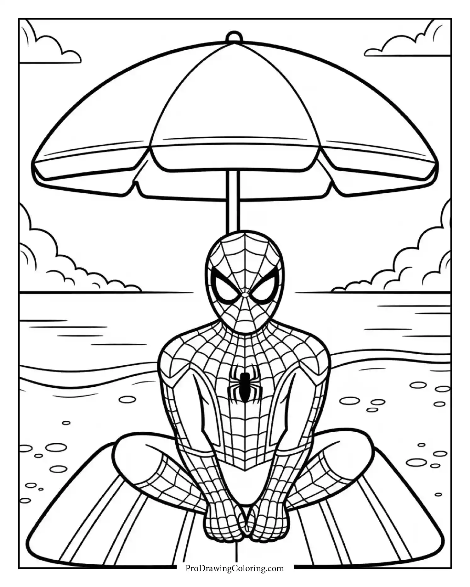 spiderman beach coloring page Spiderman relaxing at the beach in a playful coloring page for kids