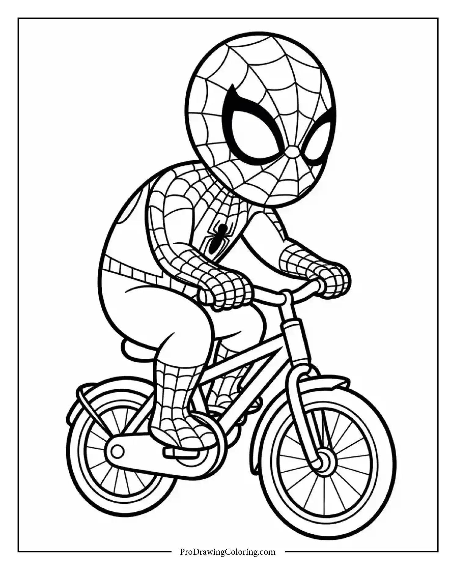 spiderman bicycle coloring page Spiderman riding a bicycle drawn in simple cartoon lines, fun coloring page for kids.