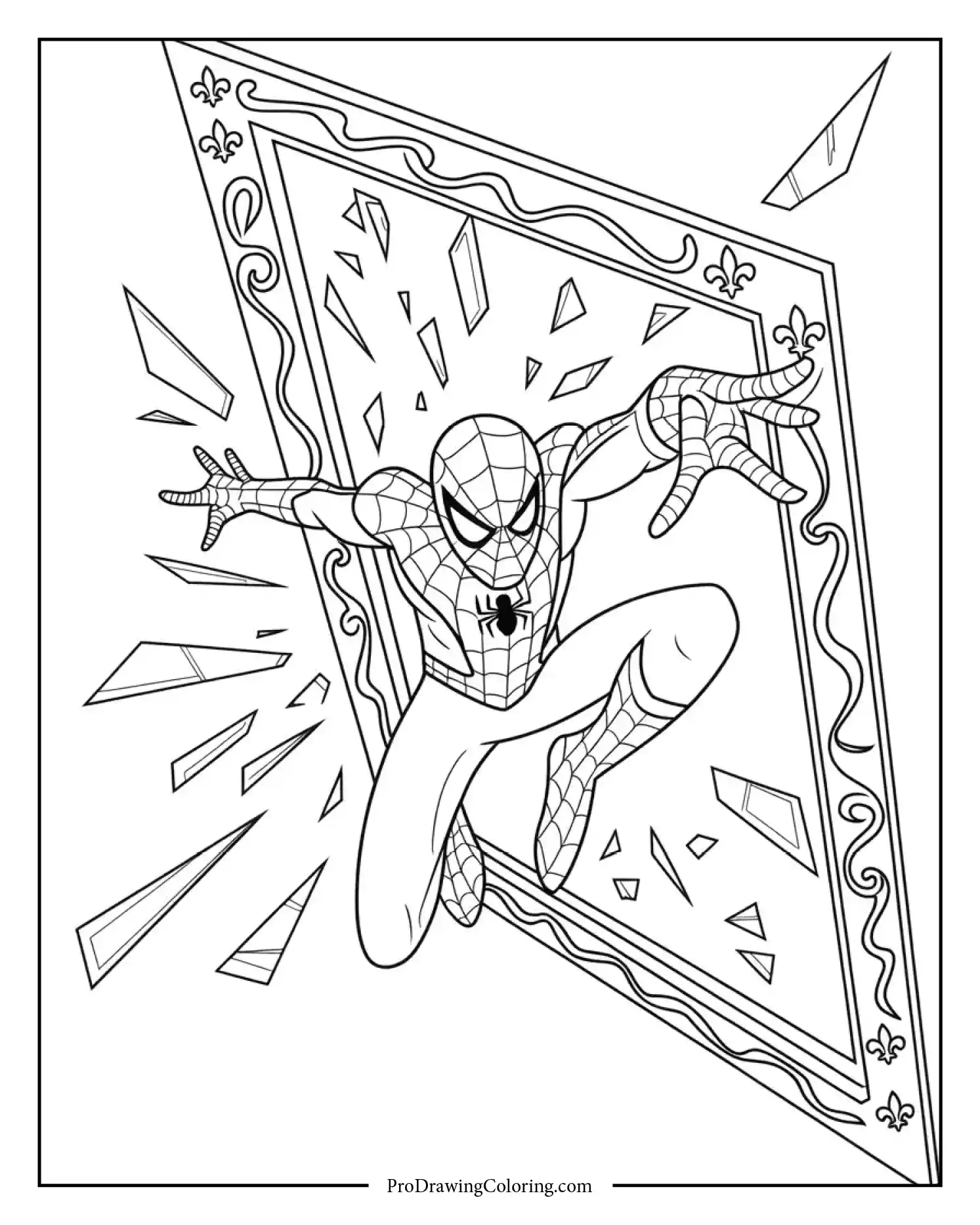 spiderman breaking glass printable coloring page Spiderman shattering glass dramatically mid-action captured in a dynamic coloring page