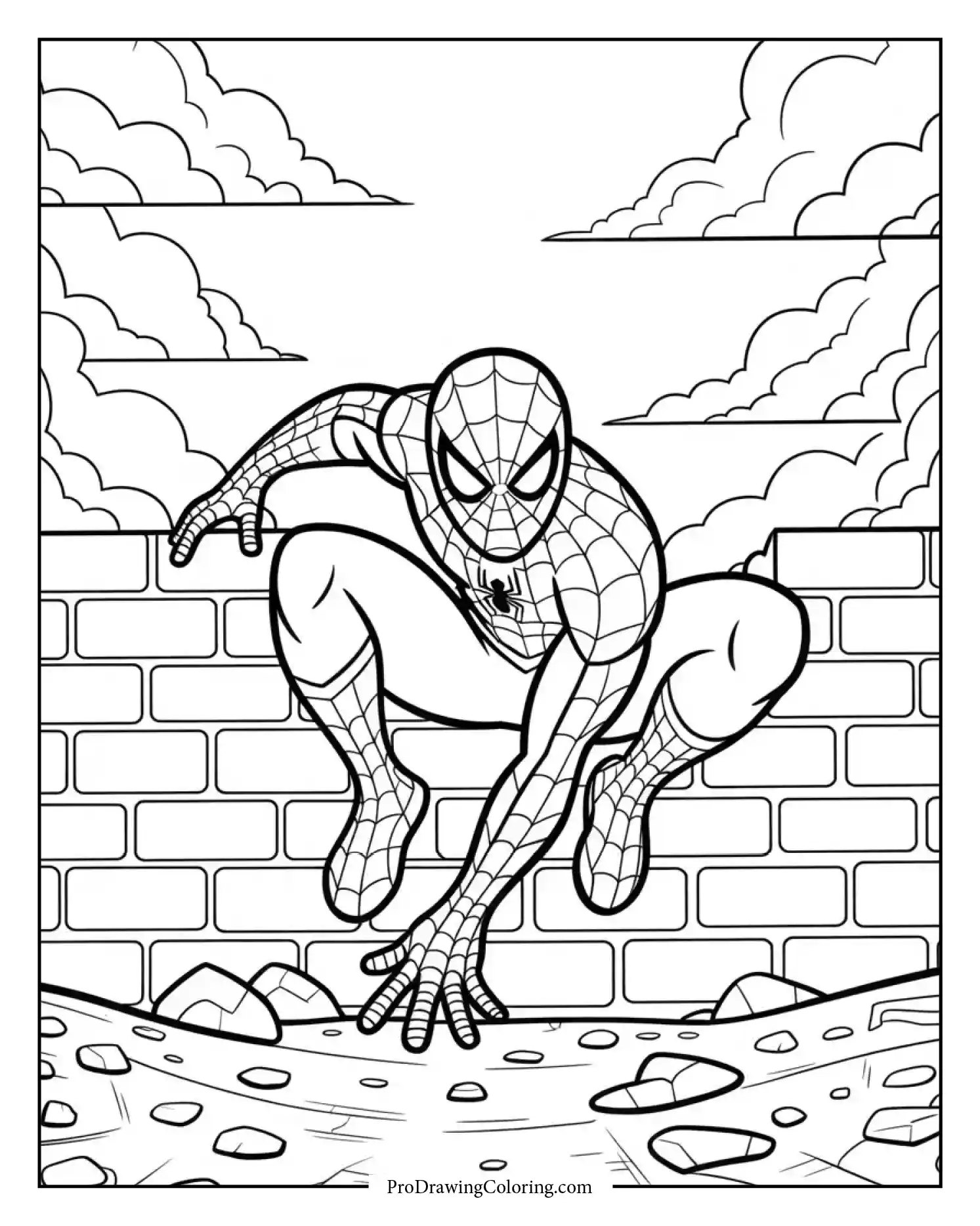 spiderman climbing wall printable coloring page Determined Spiderman climbing up a rough brick wall featured on a printable coloring page.