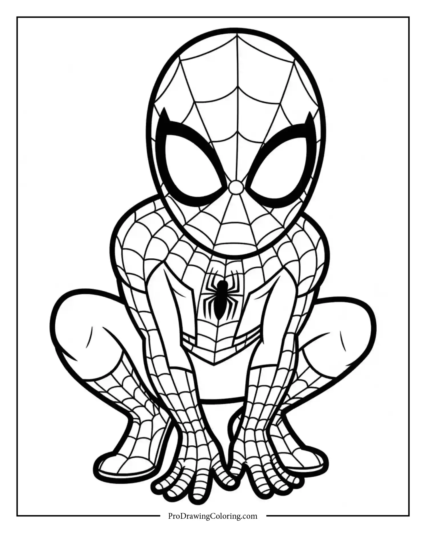 spiderman crouching coloring page Spiderman crouching in superhero style, simplified kids coloring page.