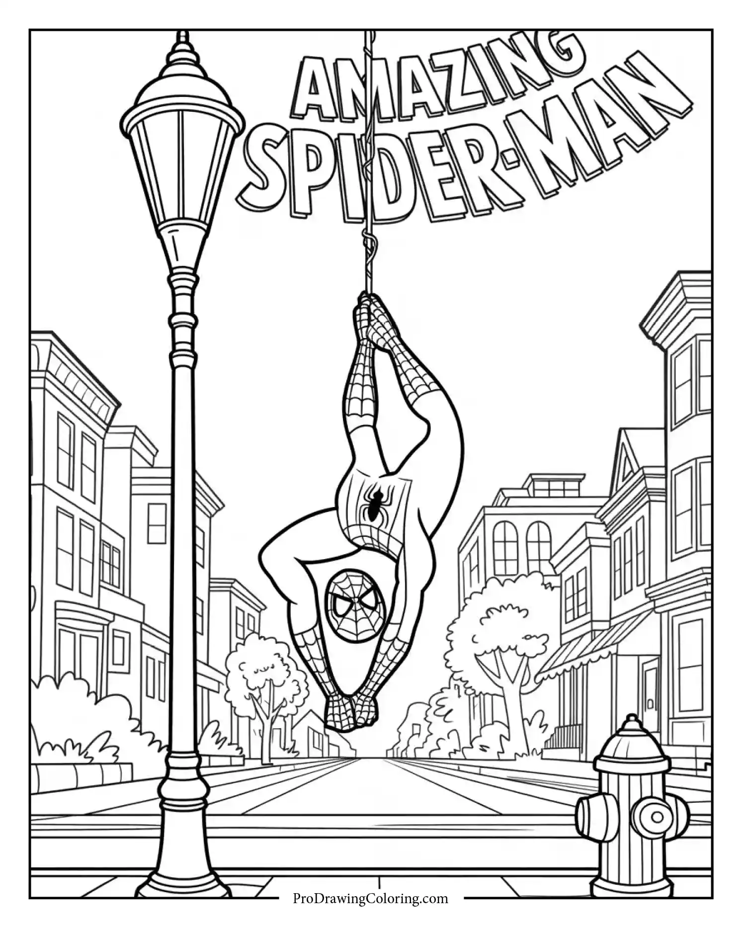 spiderman hanging from street light printable coloring page Spiderman hanging playfully upside down on a streetlight in a creative coloring page