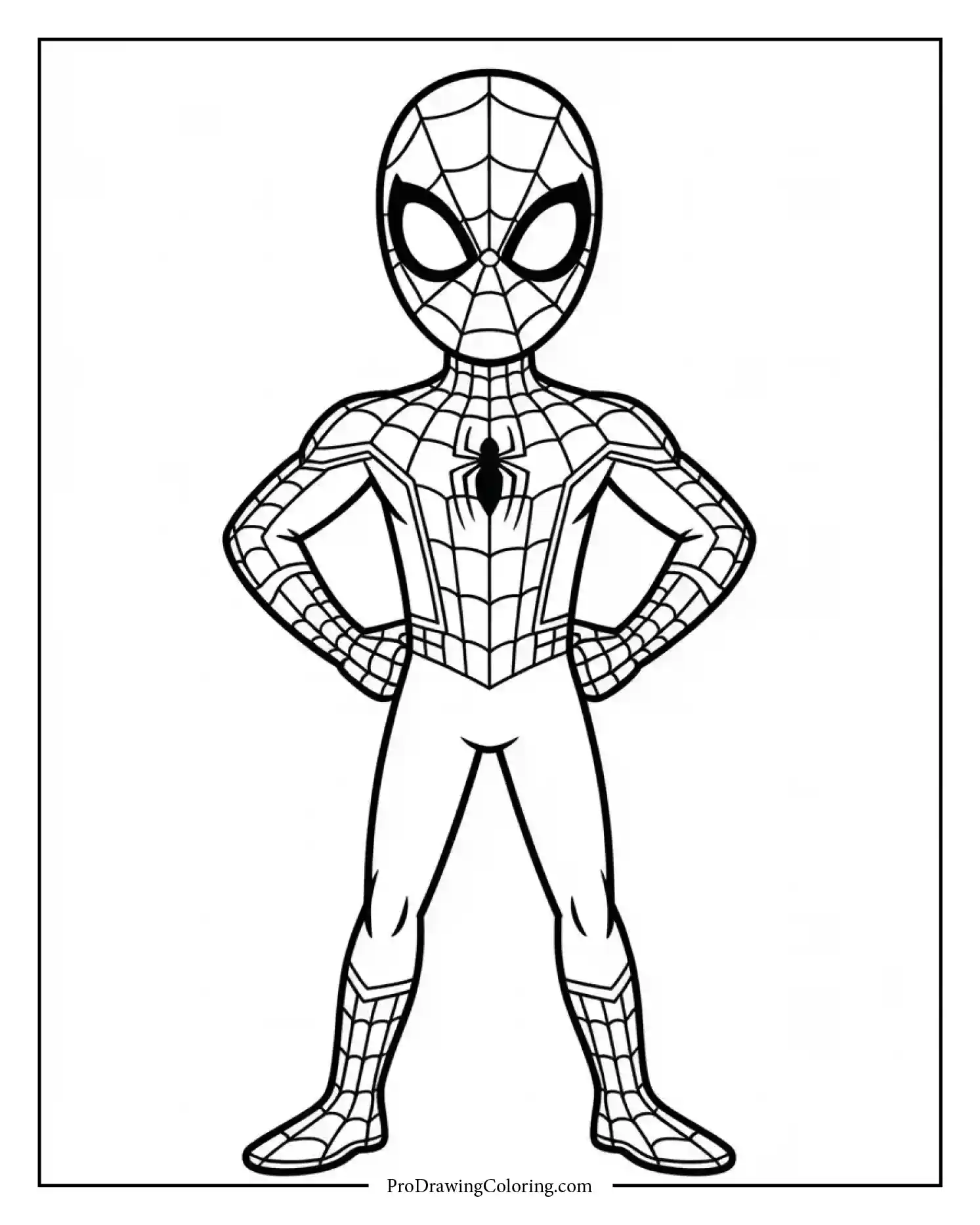 spiderman hero coloring page Spiderman standing with hands on hips like a hero, fun kids coloring page.