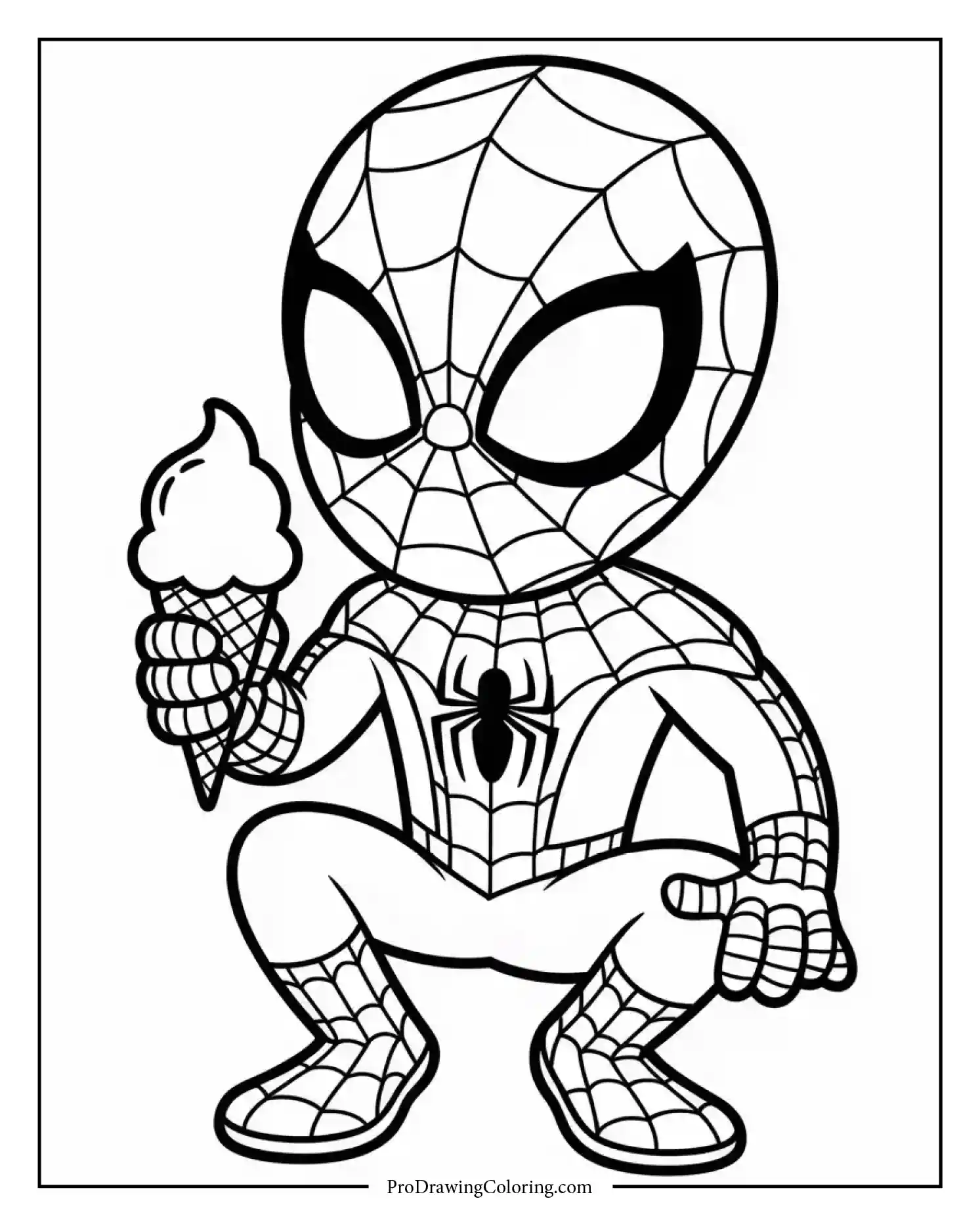 spiderman ice cream coloring page Cute Spiderman eating ice cream happily, playful coloring page for kids.