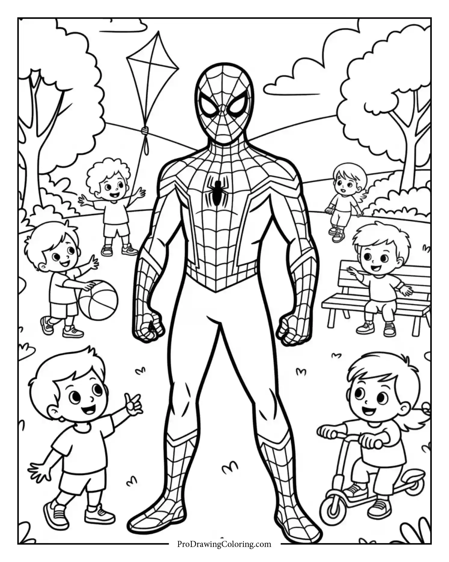 spiderman in park printable coloring page Spiderman standing relaxed among kids playing in the park captured in a fun coloring page