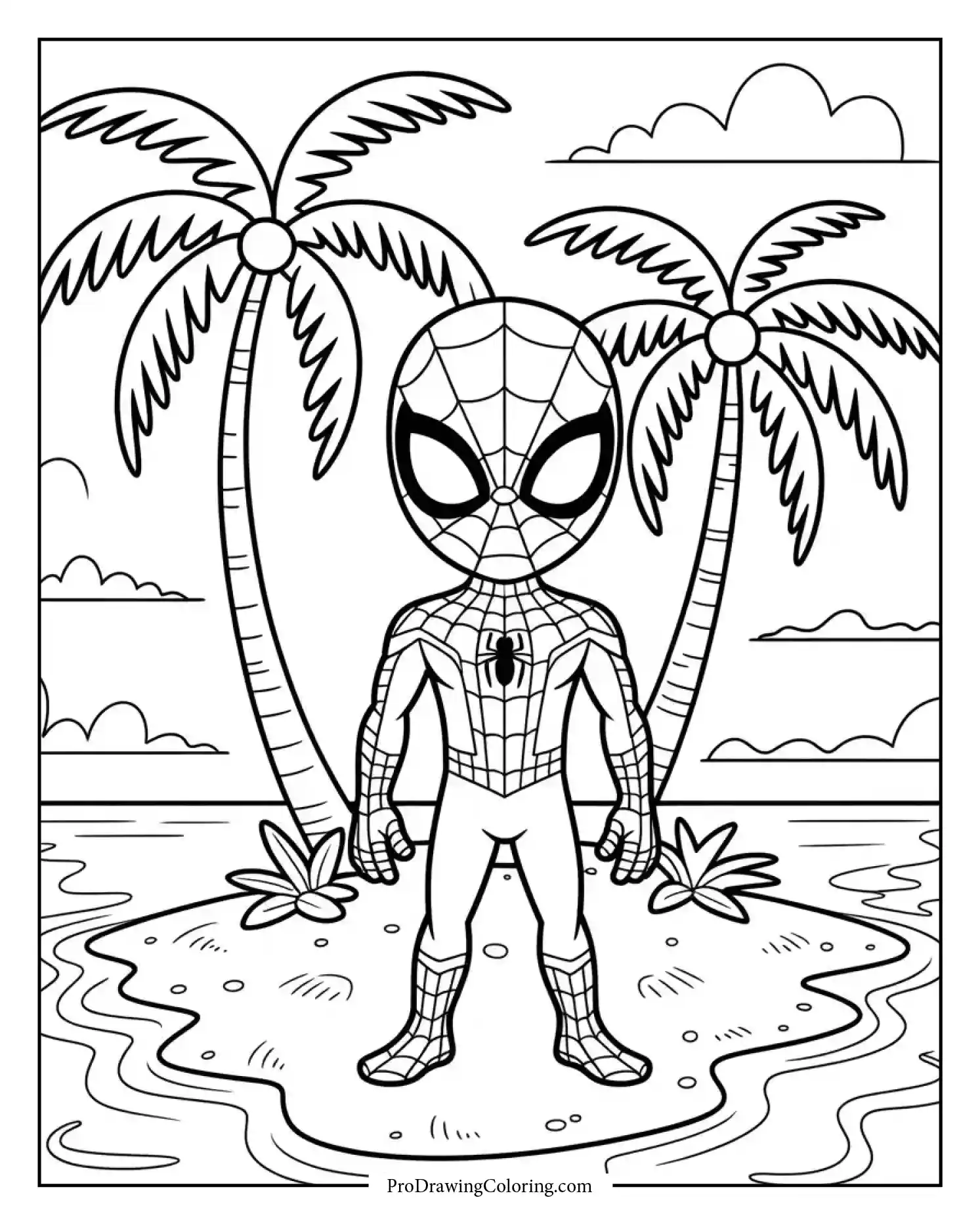 spiderman island coloring page Spiderman on a tropical island scene in this fun coloring page for children