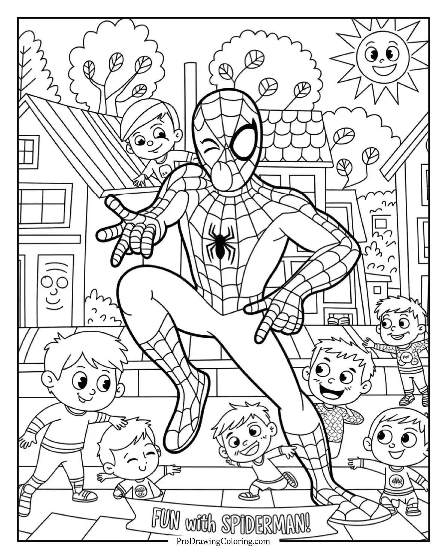 spiderman making funny faces printable coloring page Spiderman making silly faces to amuse local kids featured in a fun coloring page