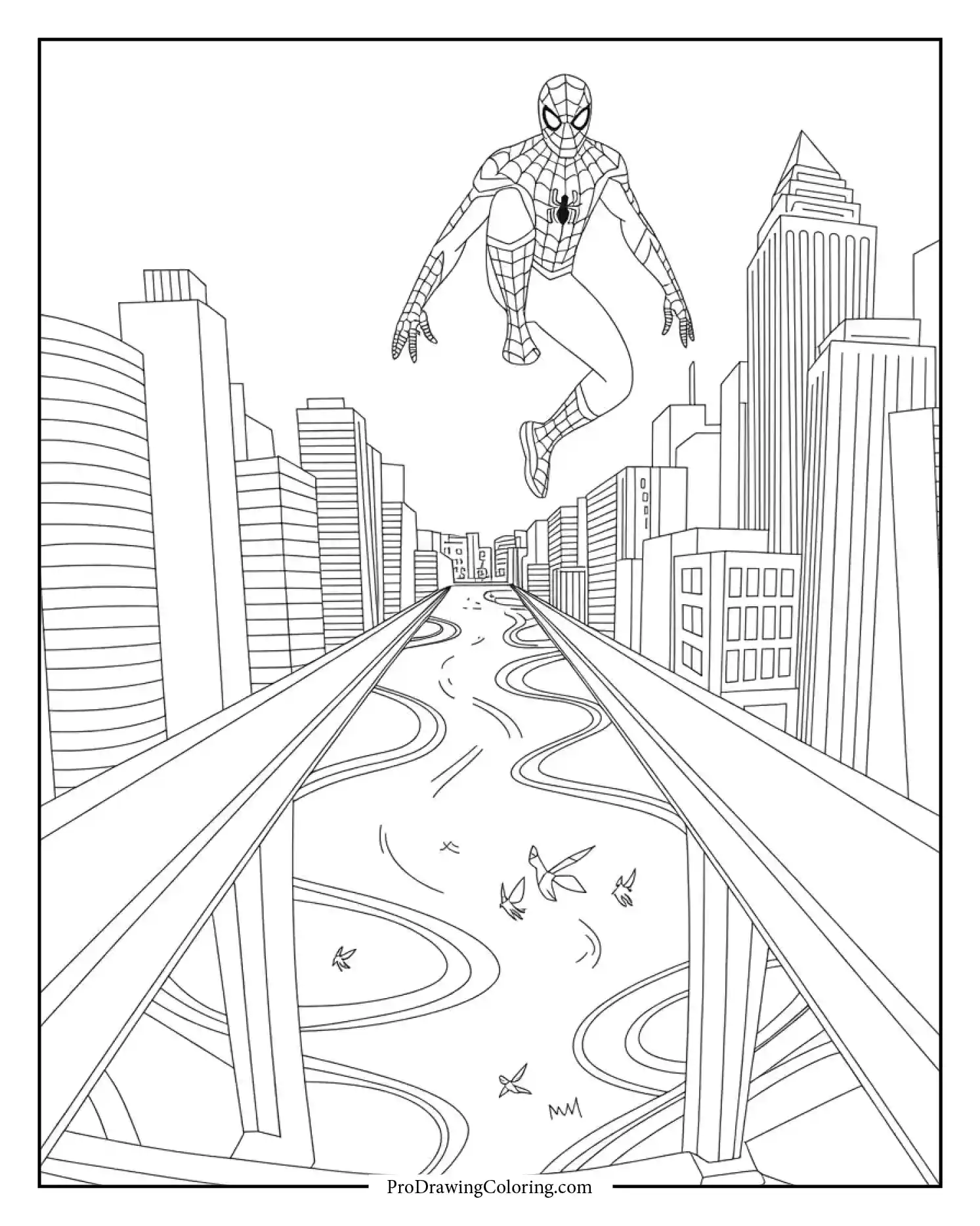 spiderman on city bridge printable coloring page Spiderman balancing calmly on the edge of a city bridge in a challenging coloring page