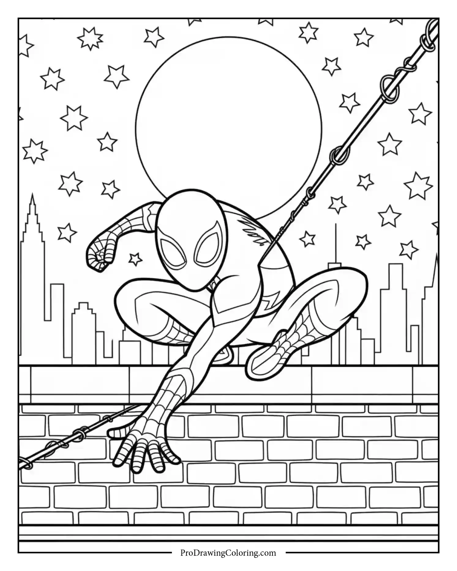 spiderman on rooftop at night printable coloring page Spiderman sneaking across a rooftop under moonlight illustrated as a thrilling coloring page