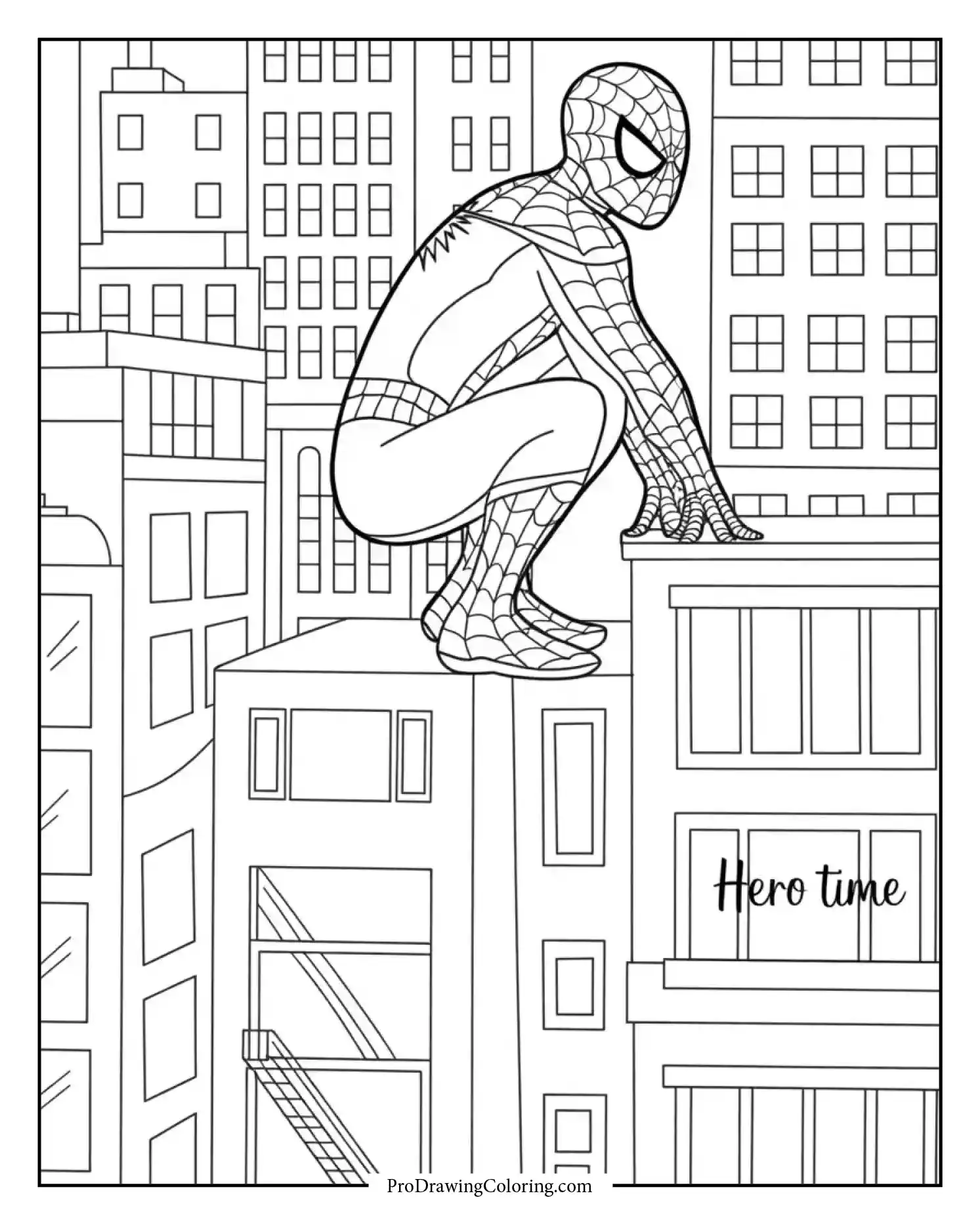 spiderman on rooftop printable coloring page Watching over the urban landscape from high above on this superhero coloring sheet.