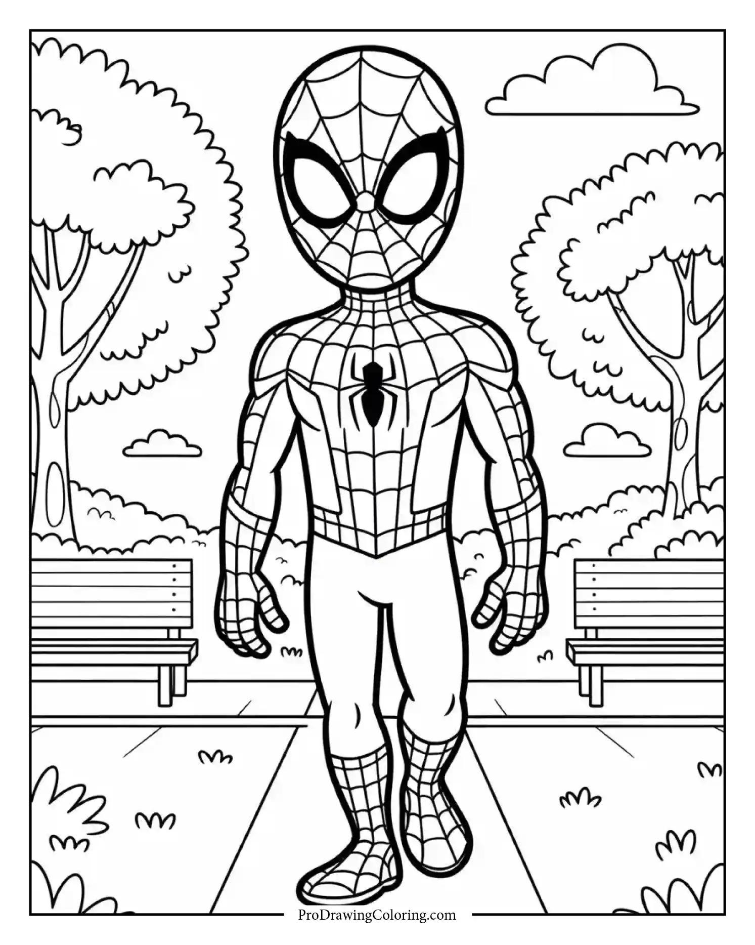 spiderman park coloring page Spiderman enjoying the park in a playful coloring page for children