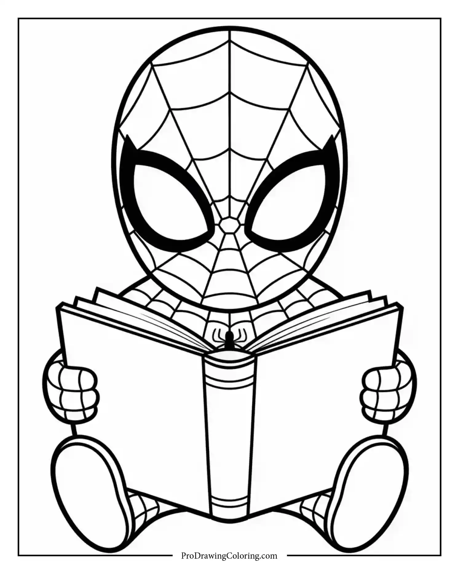 spiderman reading coloring page Spiderman reading a book in a relaxed pose, perfect kids coloring page.