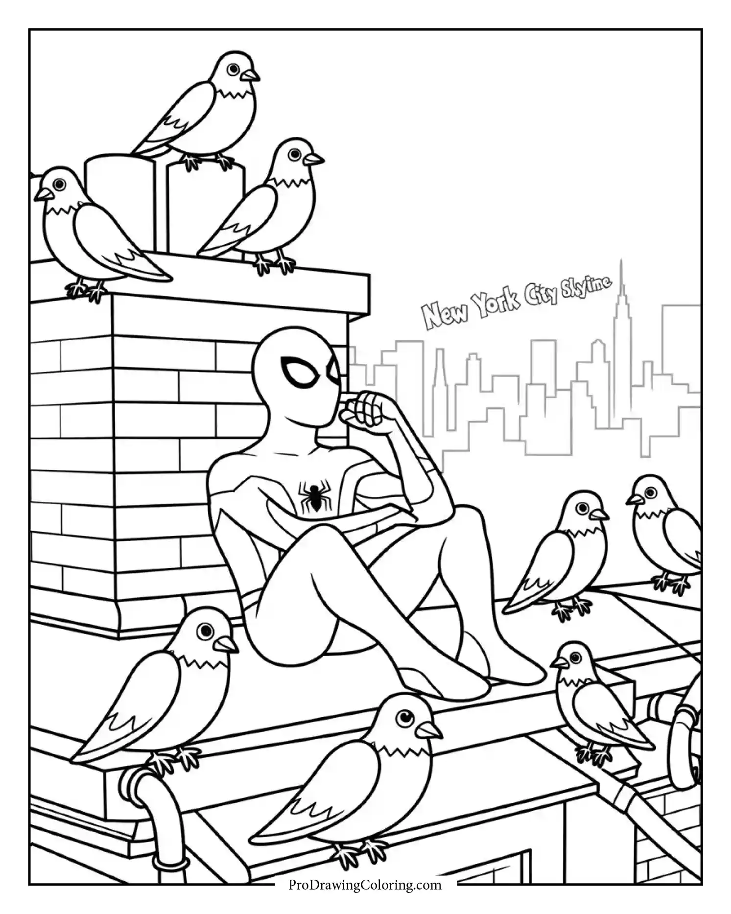 spiderman resting on rooftop printable coloring page Spiderman resting quietly with pigeons around him in a calm coloring page