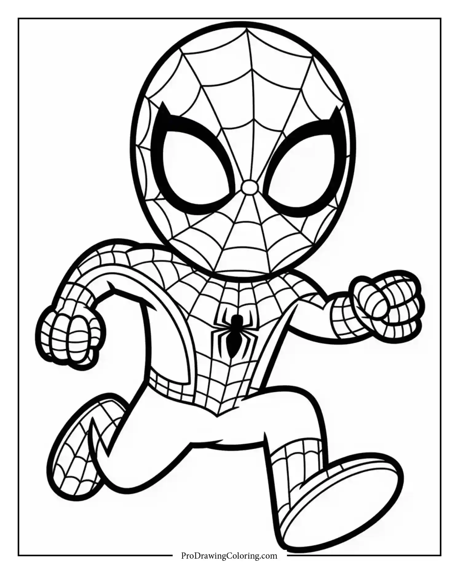 spiderman running coloring page Spiderman running with big smile, energetic kids coloring page.