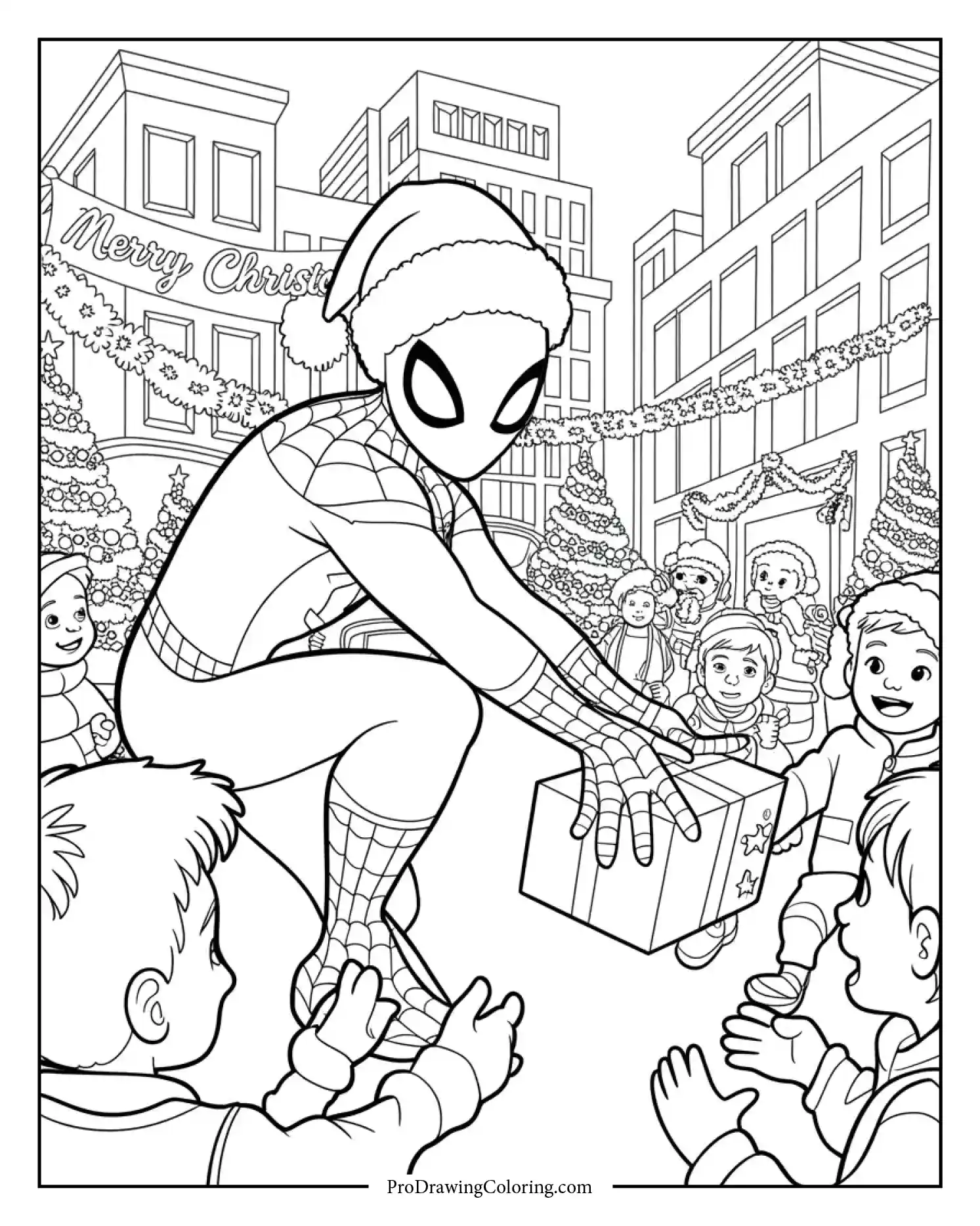 spiderman santa giving gifts printable coloring page Spiderman spreading joy while handing gifts as Santa created as a festive coloring page