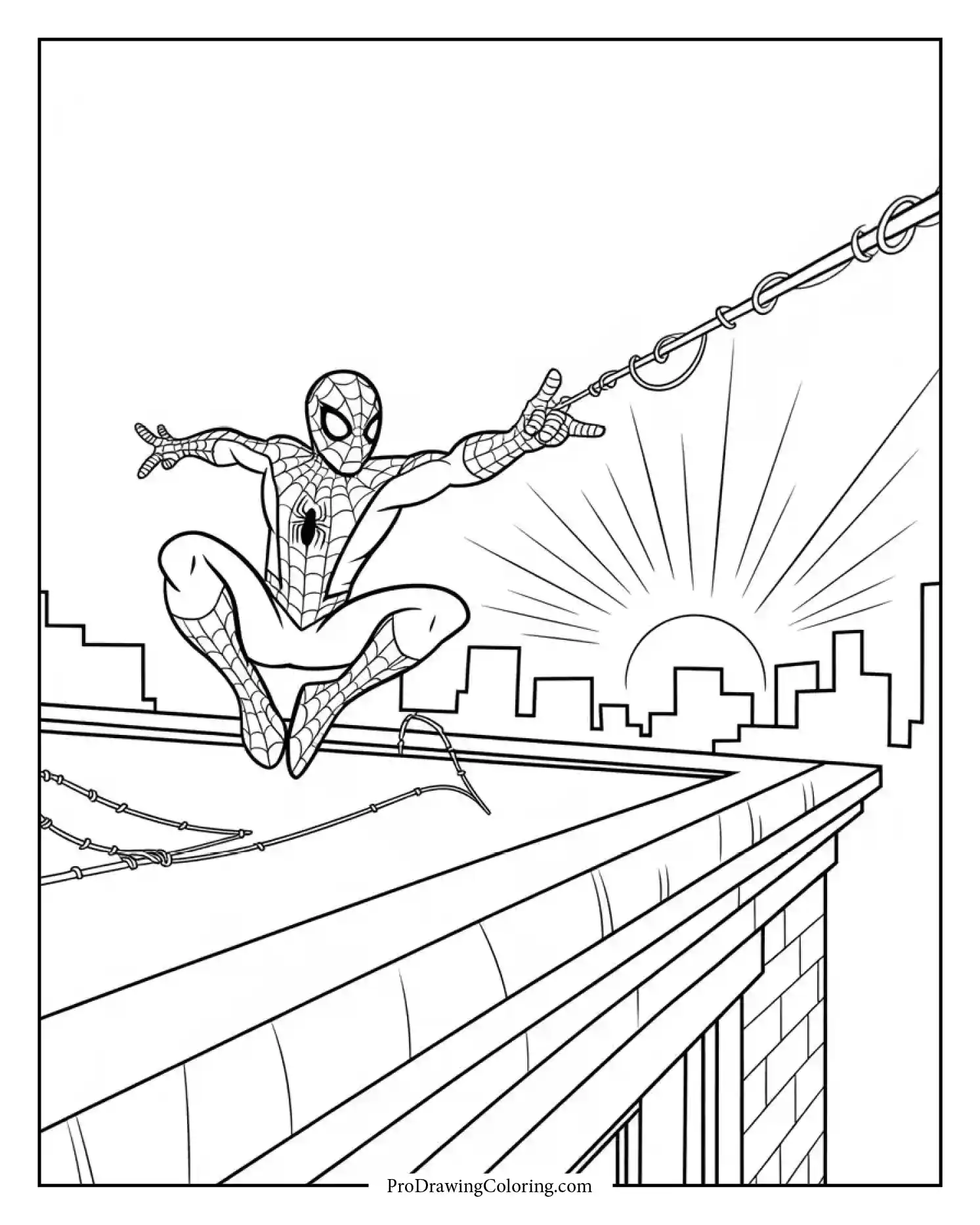 spiderman shooting webs printable coloring page Dynamic web shot from Spiderman leaping at sunset.