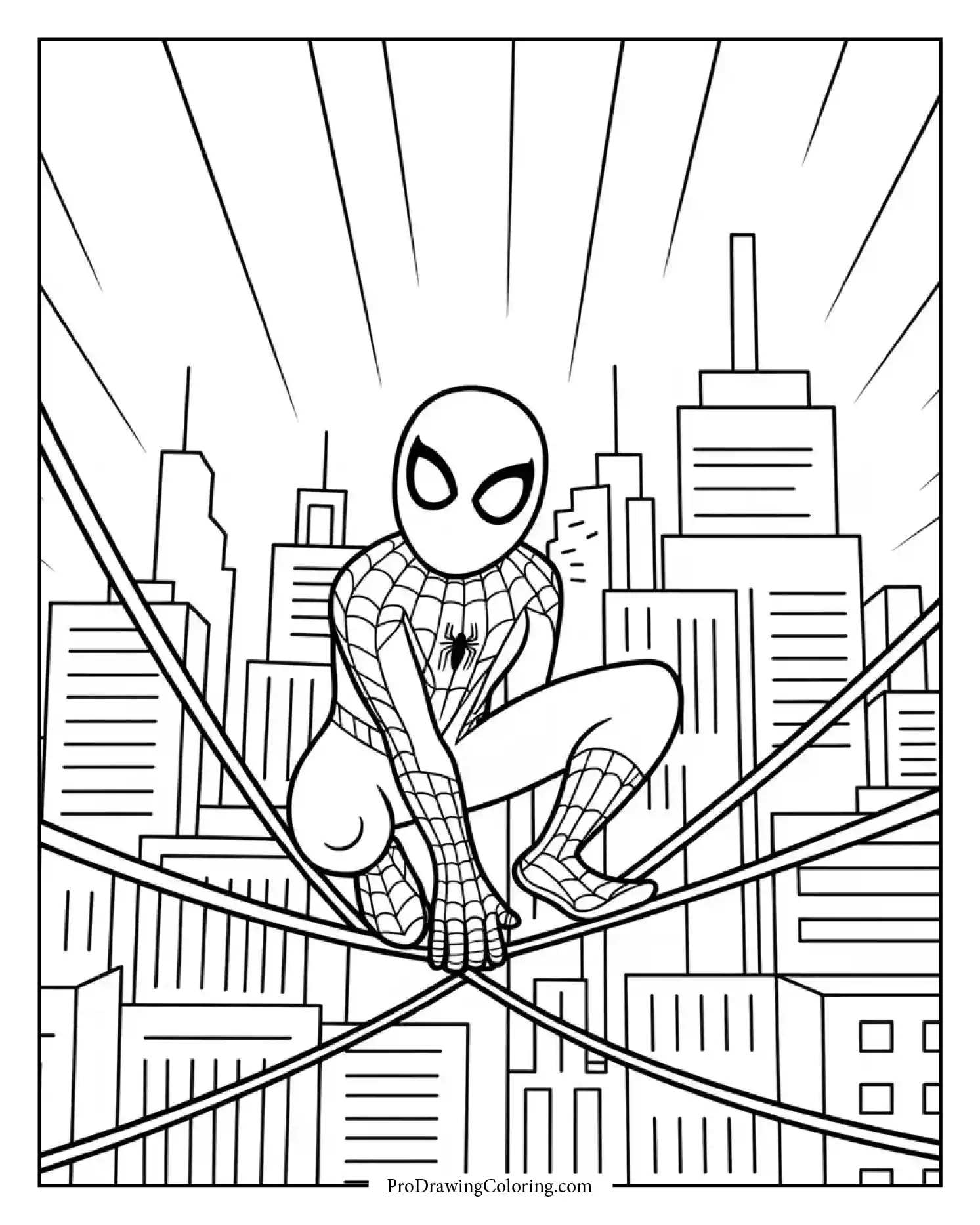 spiderman sitting on power lines printable coloring page Spiderman sitting peacefully on power cables at night created as a relaxing coloring page