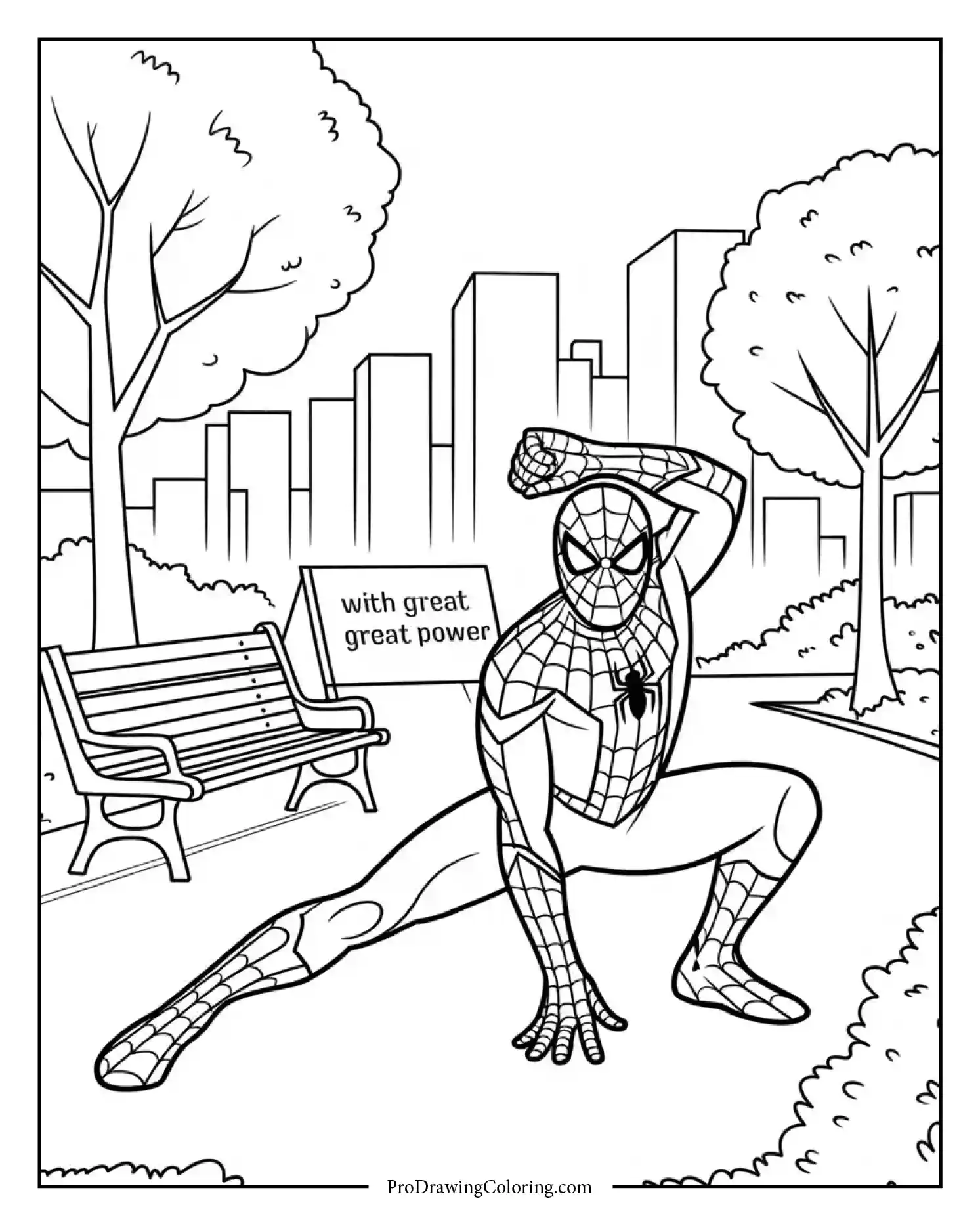 spiderman stretching in park printable coloring page Spiderman loosening up with stretches before night duty reimagined in a unique coloring page