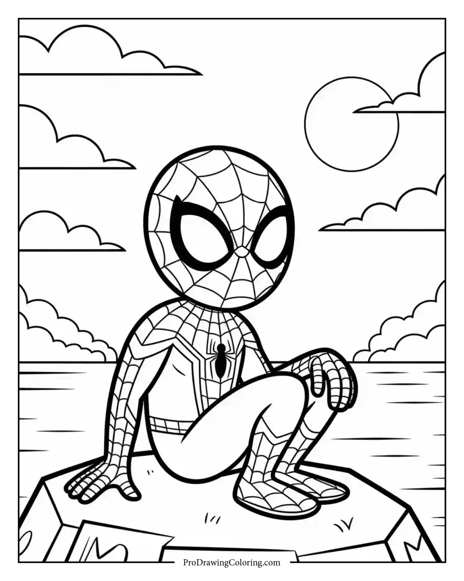 spiderman sunset coloring page Spiderman watching the sunset in this relaxing kids coloring page