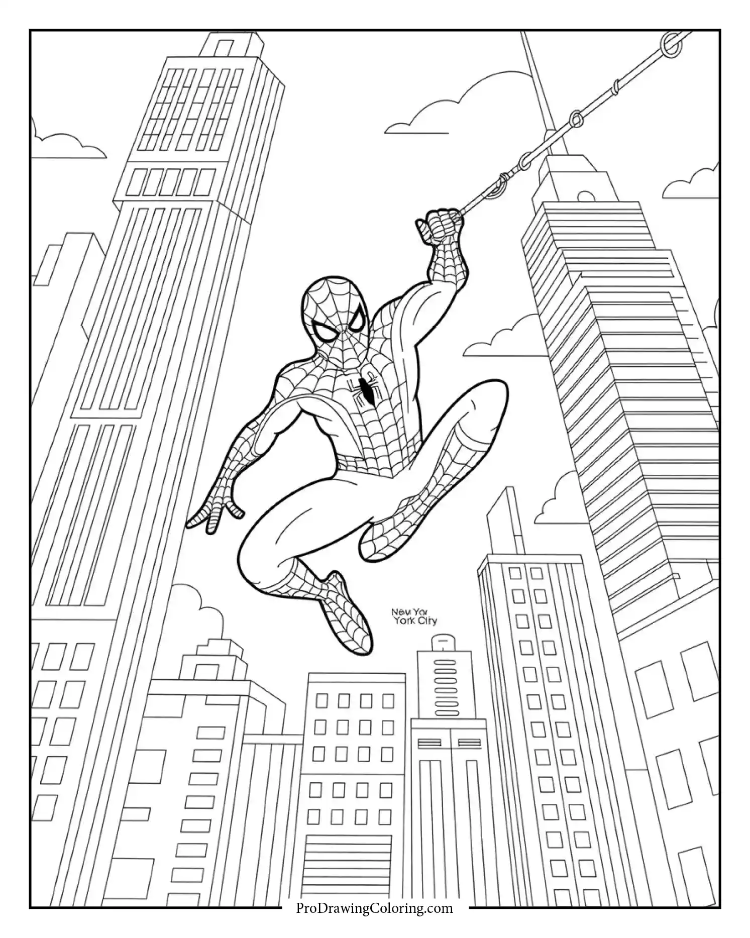 spiderman swinging in city printable coloring page Spiderman swinging gracefully between tall city buildings in an action coloring page.