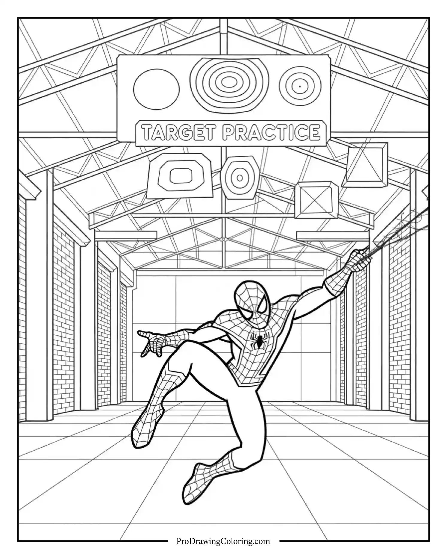 spiderman training in warehouse printable coloring page Spiderman practicing precision web shots in silence designed for a detailed coloring page