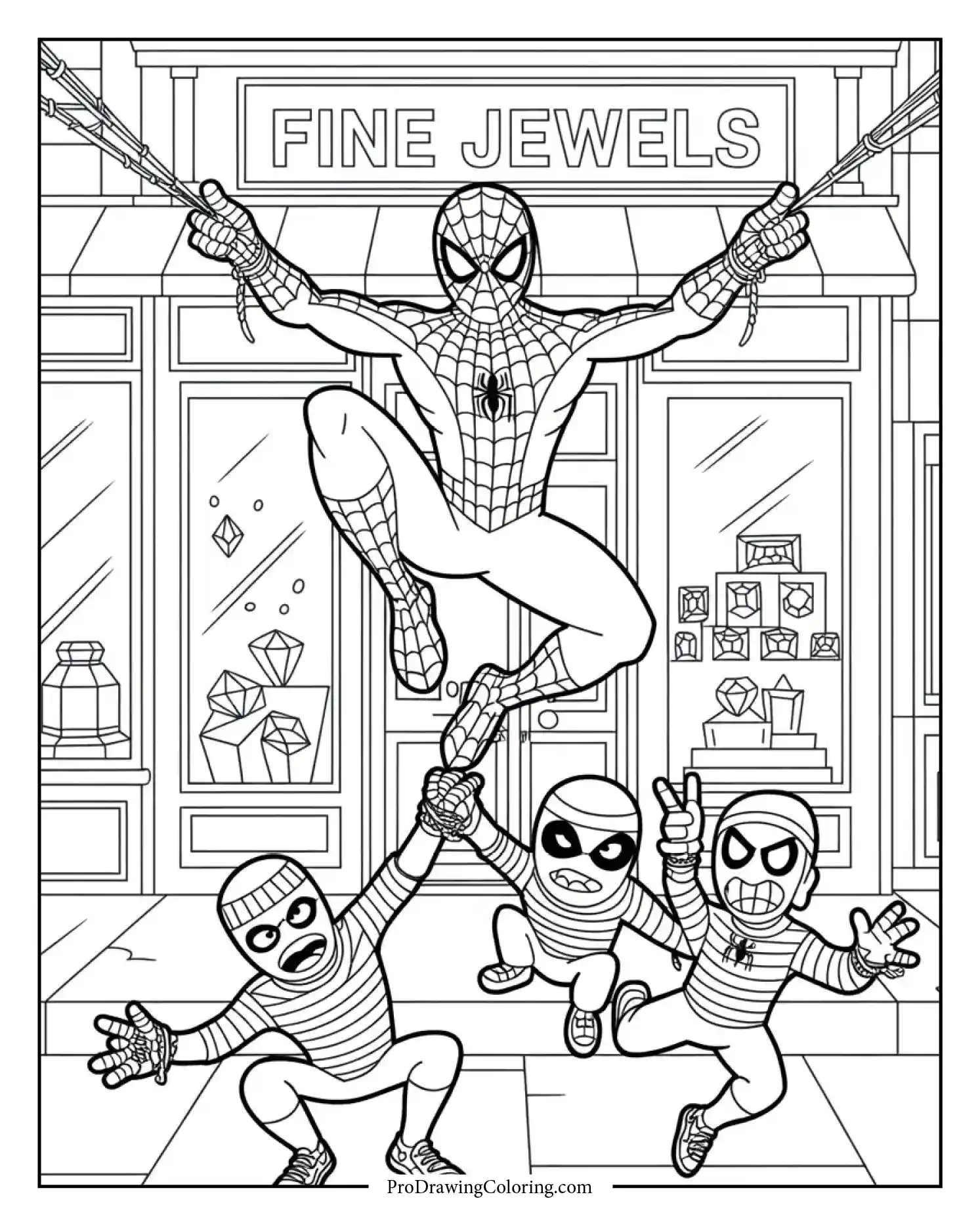 spiderman tying up thieves printable coloring page Spiderman catching thieves near a jewelry shop reimagined in a printable coloring page