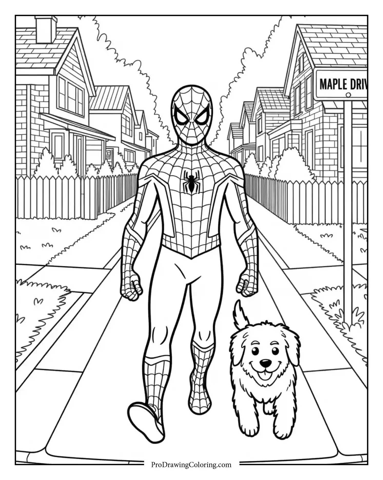 spiderman walking down street printable coloring page Spiderman walking casually along a peaceful street designed as a relaxing coloring page