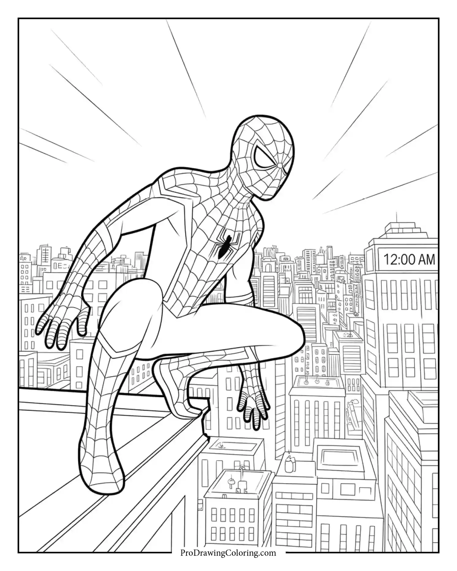 spiderman watching over city printable coloring page Spiderman surveying the quiet city from a tall tower featured in a printable coloring page