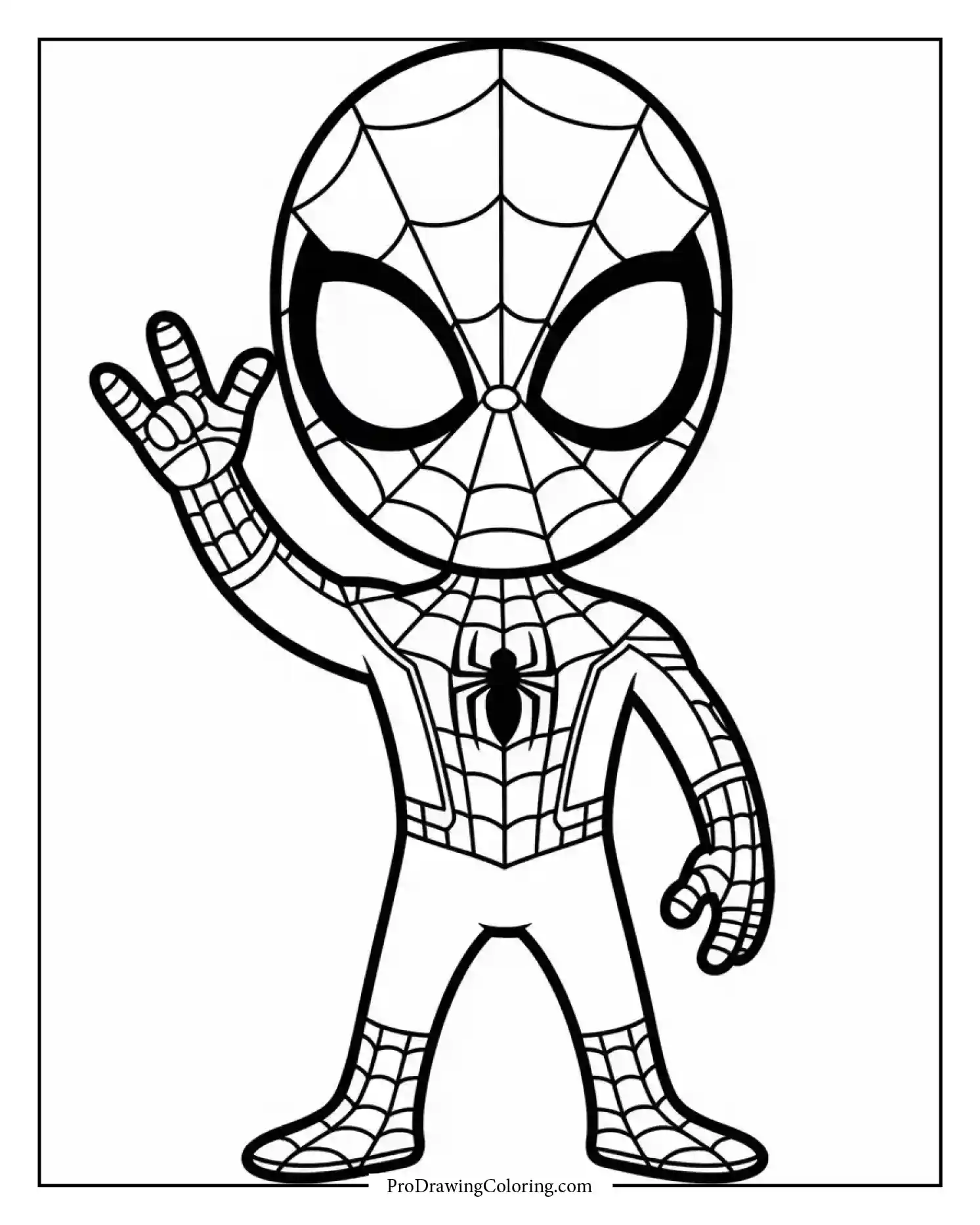spiderman waving coloring page Spiderman waving hello in a cartoon pose, cheerful kids coloring page.