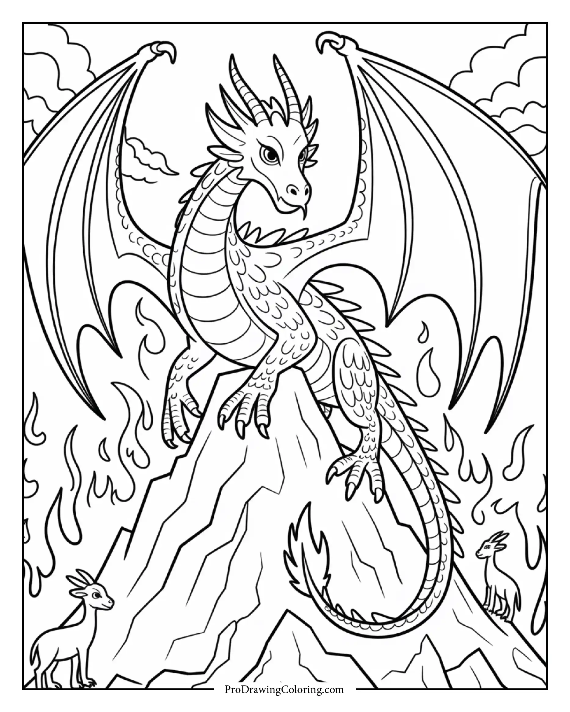 super detailed dragon coloring page Super intricate adult coloring page of a legendary dragon with flames, scales, and wings