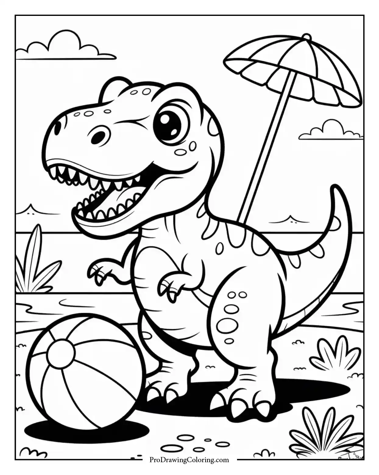 t rex beach ball coloring page Cute T-Rex dinosaur coloring sheet playing with a beach ball on the sand, great for summer-themed coloring fun.