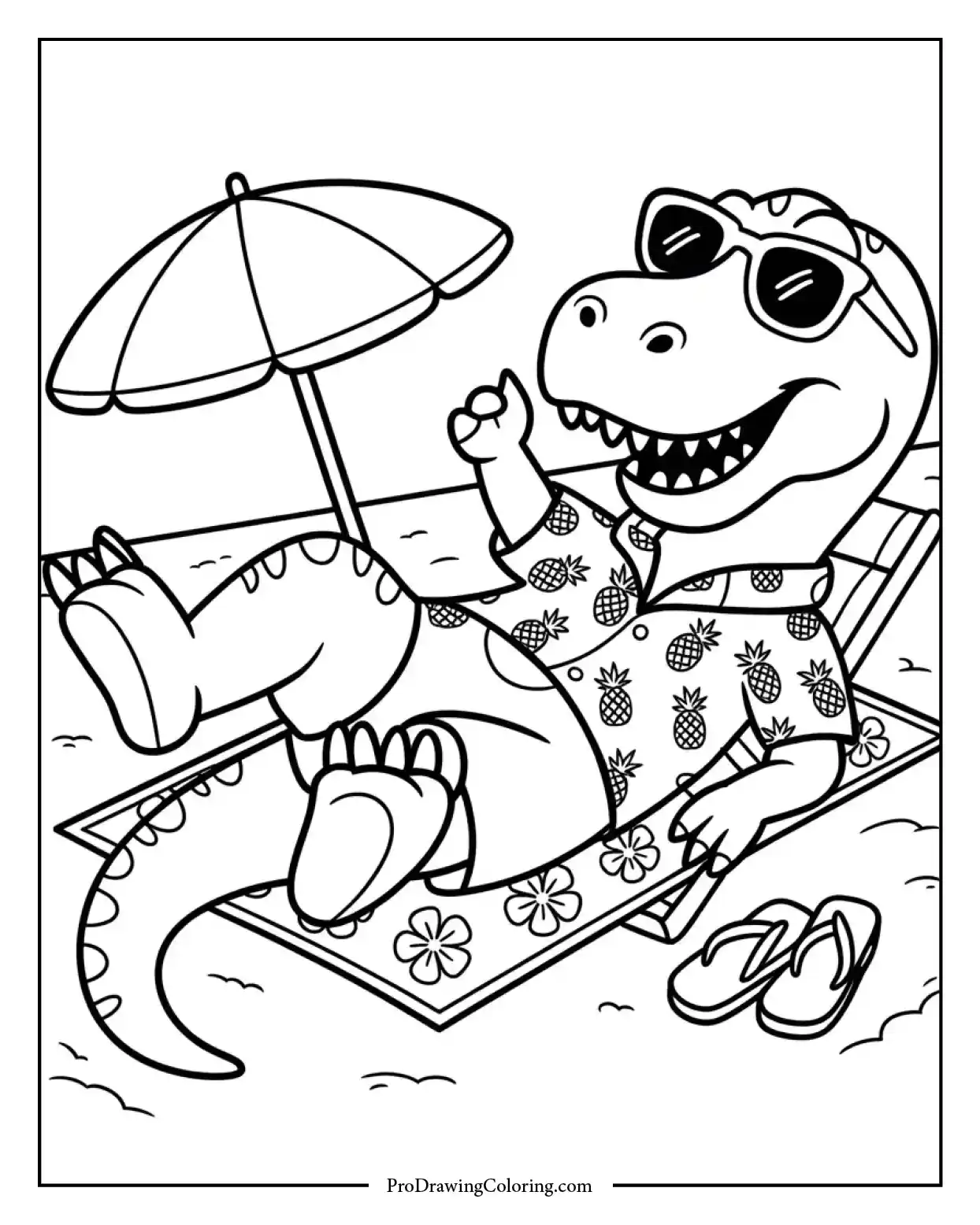 t rex beach sunglasses coloring page Funny T-Rex dinosaur coloring page wearing sunglasses and relaxing on the beach, free printable for kids.
