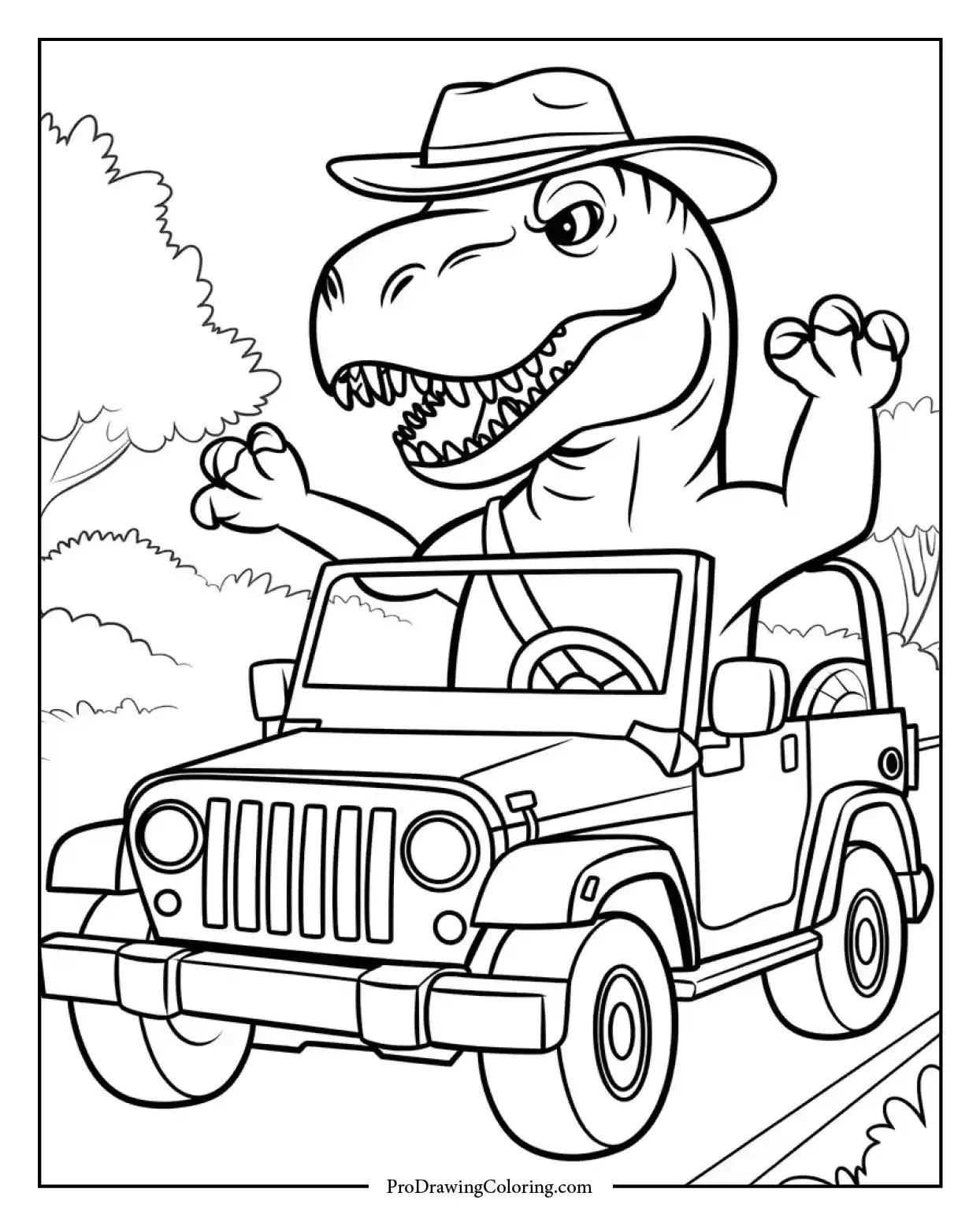 t rex driving jeep desert coloring page Adventure T-Rex dinosaur coloring page driving a jeep through a desert trail, action-filled printable for kids.