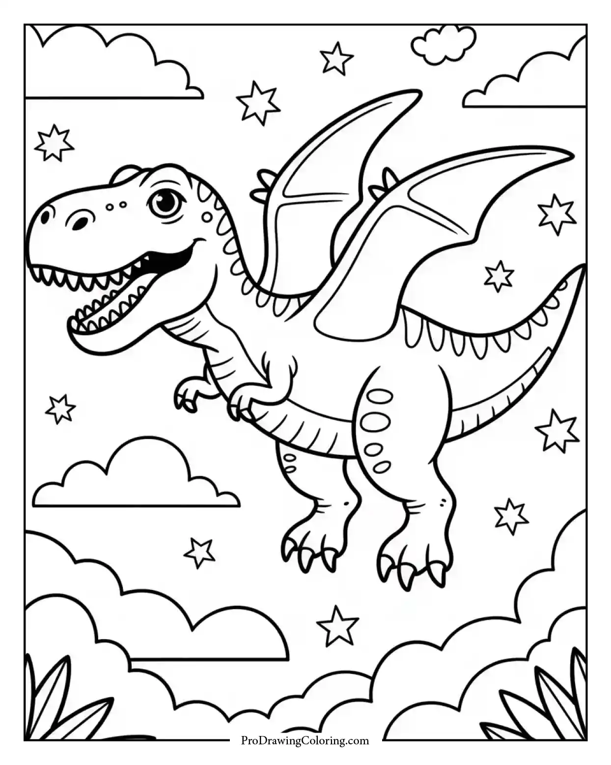 t rex flying sky clouds coloring page Whimsical T-Rex dinosaur coloring page flying in the sky with clouds and stars, printable and imaginative for kids.