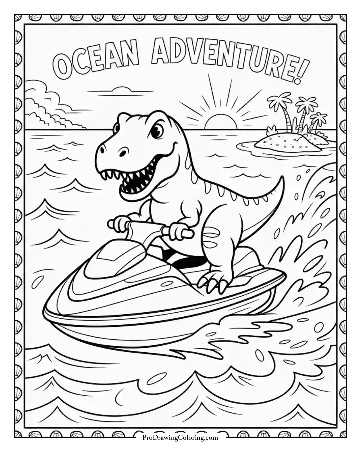 t rex jetski ocean coloring page Exciting T-Rex dinosaur coloring page on a jet ski in the ocean, fun and adventurous printable for children.