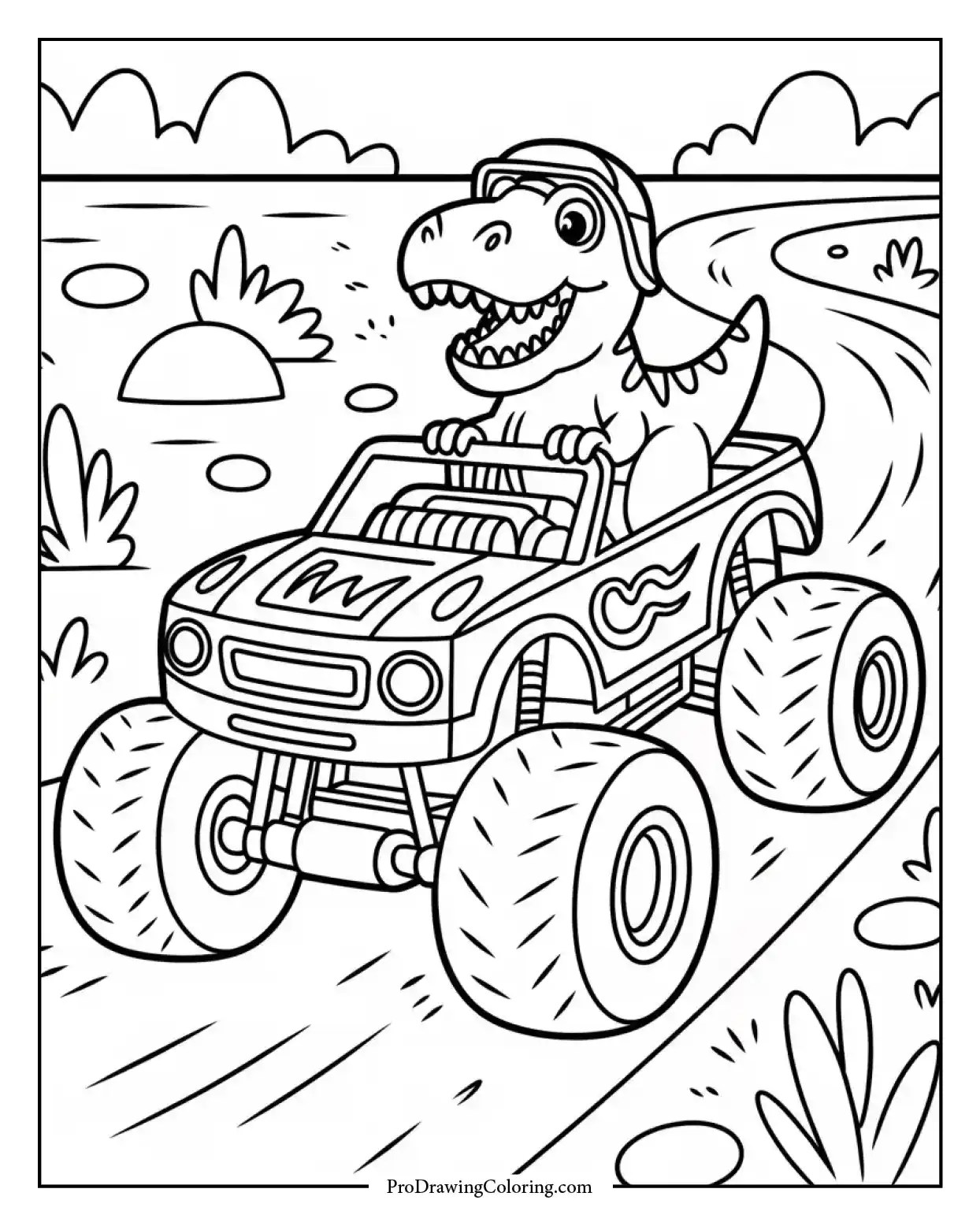t rex monster truck coloring page T-Rex dinosaur driving a monster truck in a dirt track, bold and fun coloring page for kids who love action.