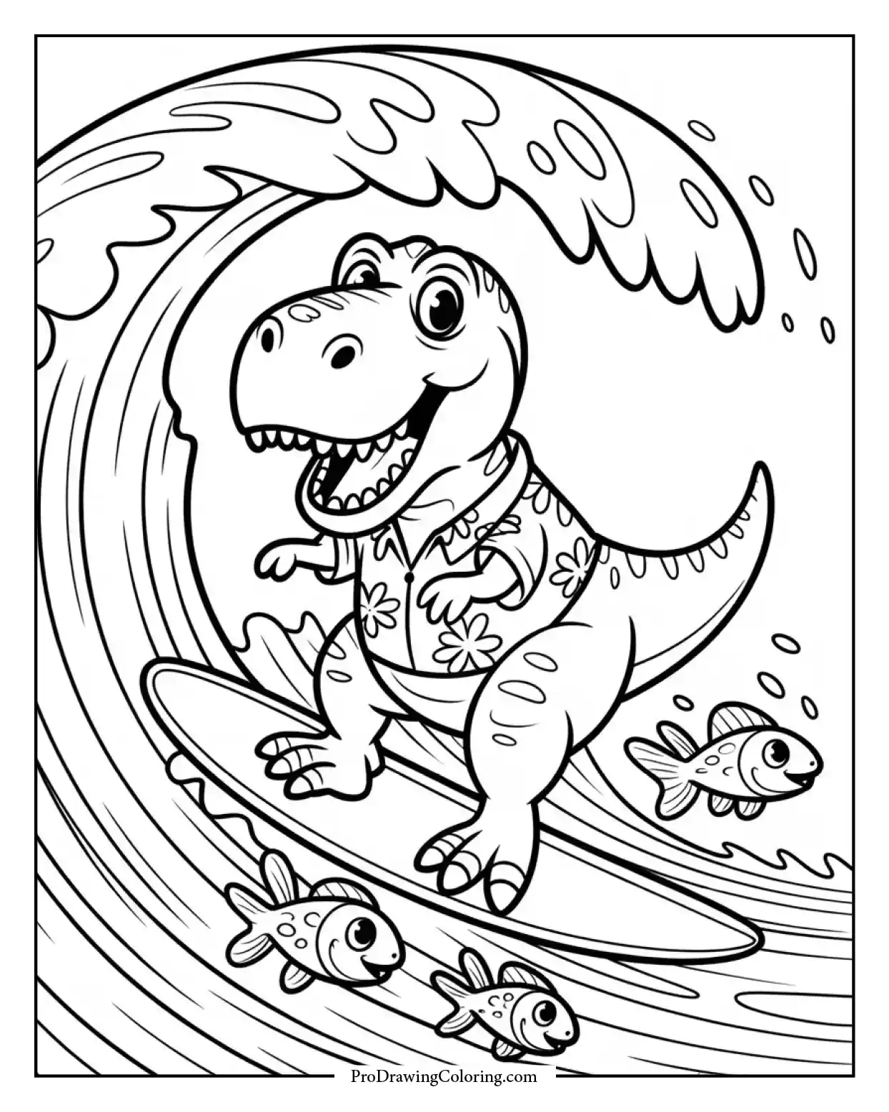 t rex surfboard waves coloring page Free printable T-Rex dinosaur coloring page surfing waves with a joyful expression, perfect for kids' beach fun.