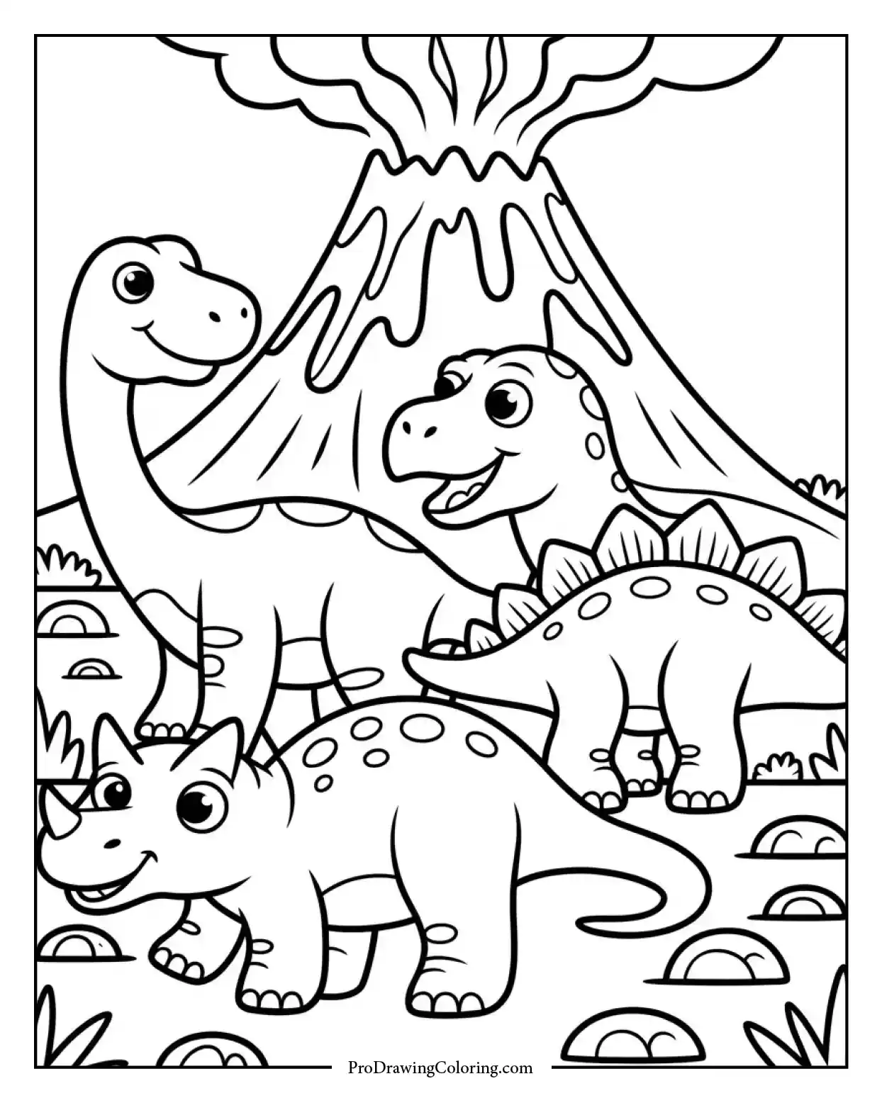 three dinosaurs volcano coloring page Group of three cartoon dinosaurs in front of a volcano, fun and friendly dinosaur coloring page for kids.