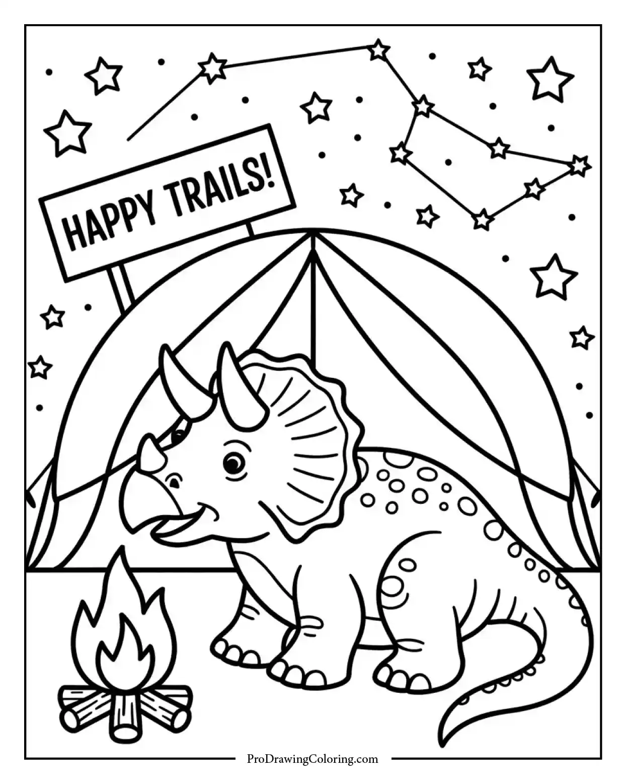 triceratops camping stars coloring page Triceratops dinosaur coloring page camping with a tent under a starry sky, fun printable for kids to color.
