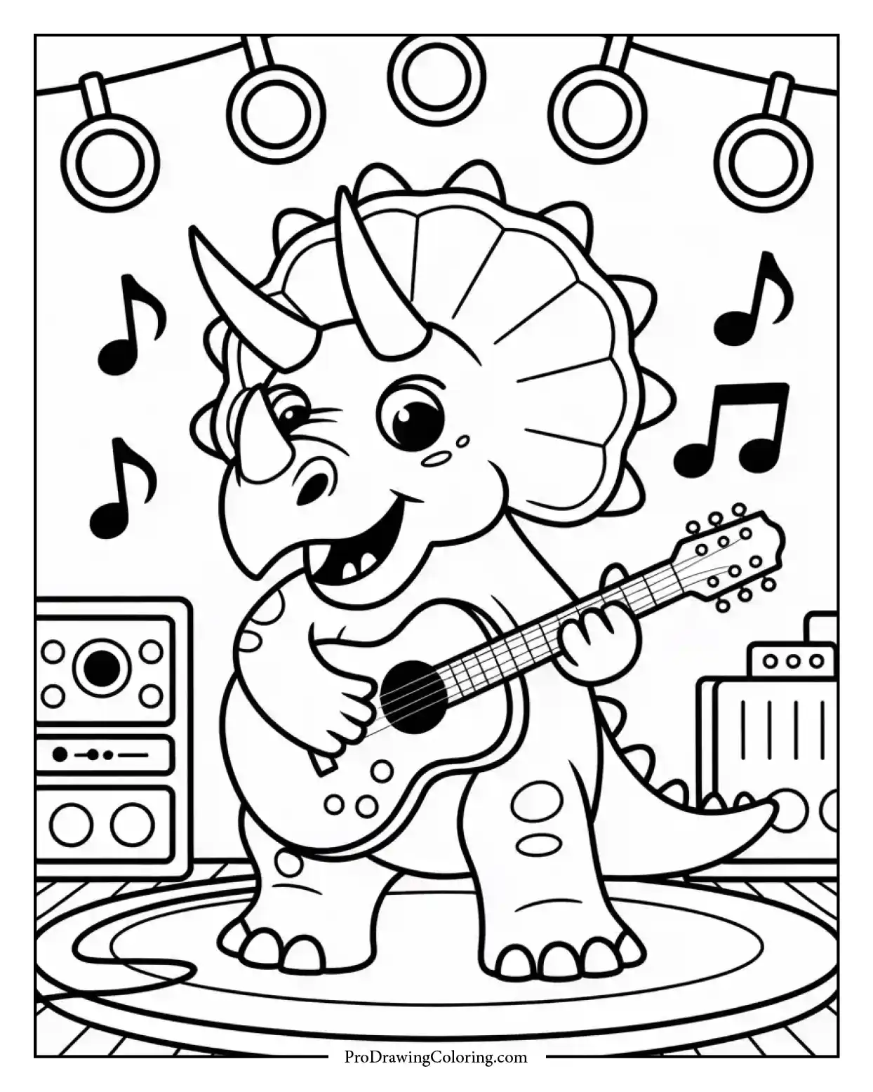 triceratops guitar rock band coloring page Rock and roll Triceratops coloring page playing guitar on stage with lights and music notes, fun printable for kids.