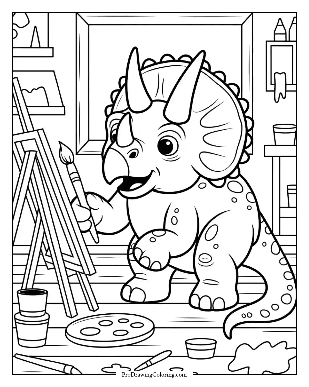 triceratops painting art studio coloring page Creative Triceratops coloring page painting a canvas in an art studio with brushes and paint, perfect printable for artistic kids.