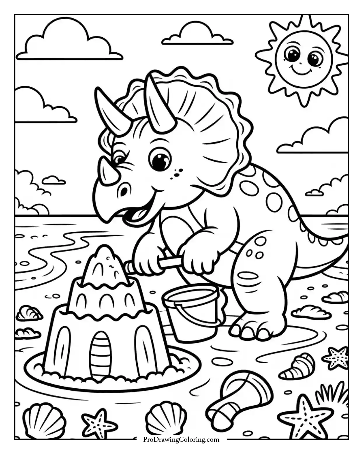 triceratops sandcastle beach coloring page Free printable Triceratops dinosaur coloring page building a sandcastle on the beach with sun and seashells.